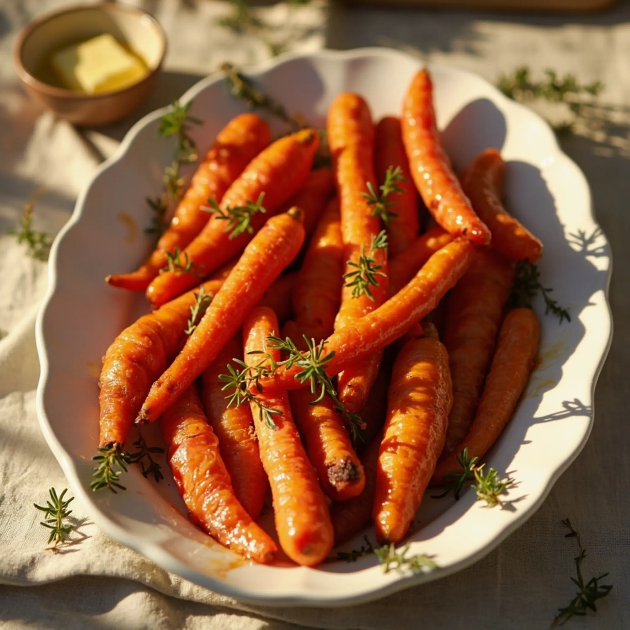 Carrots white glazed fresh with serving a up glossy of p shot sprigs close in image platter 3 few thyme garnished