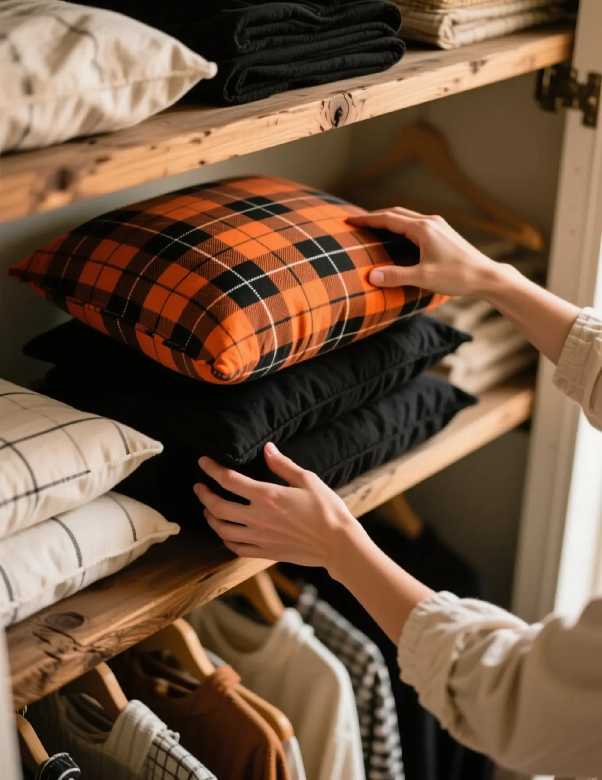 "10 Easy Ways to Transition Your Fall Decor to Thanksgiving (In 1 Hour)" 3 Being black closet orange on a pillows of stack p shelf and neatly in image bright folded linen throw 3 placed