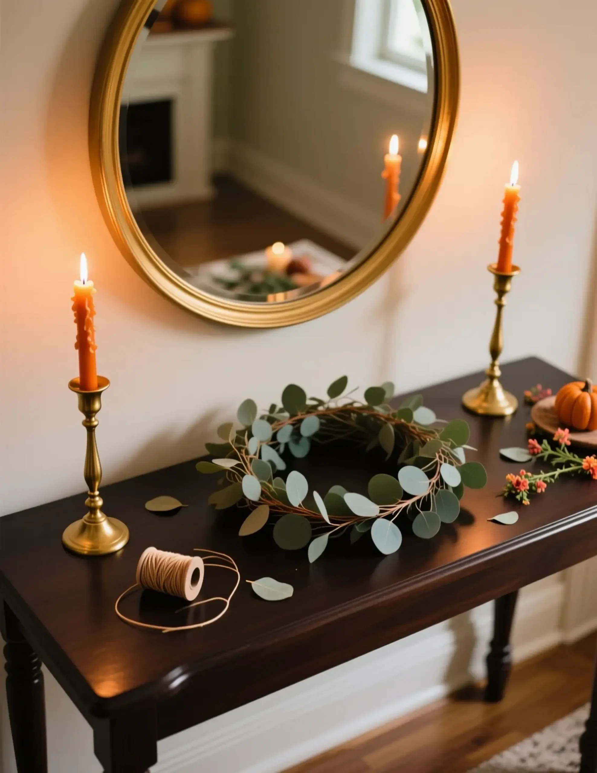 Eucalyptus mirror burnt base center orange on a either of s p side simple the tall gold 8217 beneath is in garland candlestick lies sits image console candle round holding 3 table