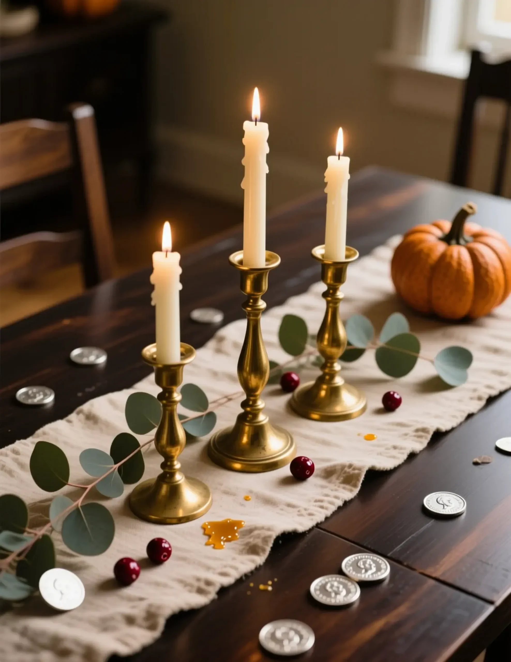 Collection brass holders on a of p heights ivory arranged varying candles table image linen runner candle taper holding 3 three