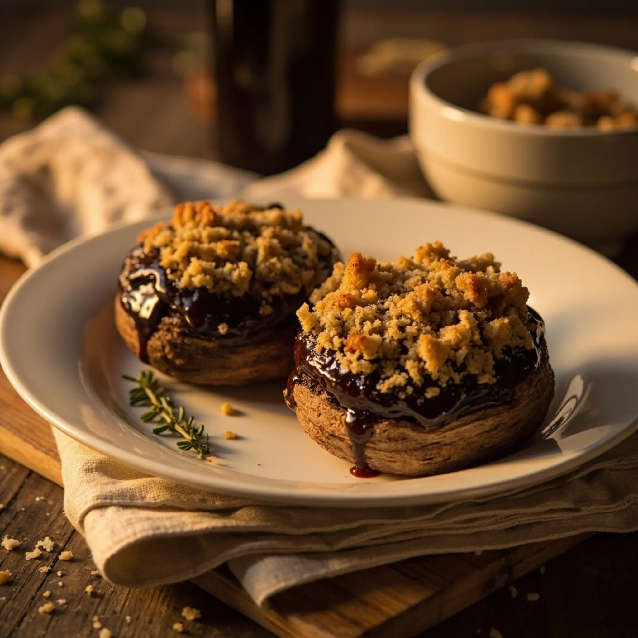 White brown with golden mushrooms on a up stuffed p the close portobello image large two glistening breadcrumb topping 3 plate