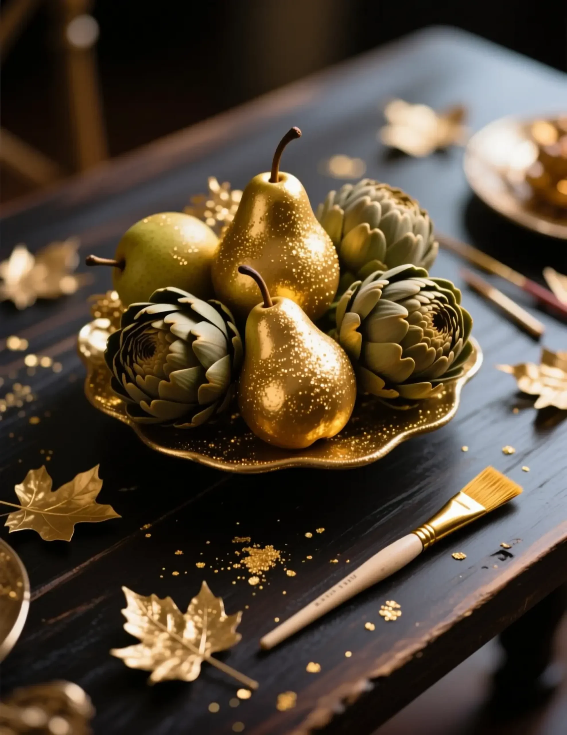 Arrangement dark with on a of p dusted gold and lightly artichokes beautiful image pears paint 4 wood table