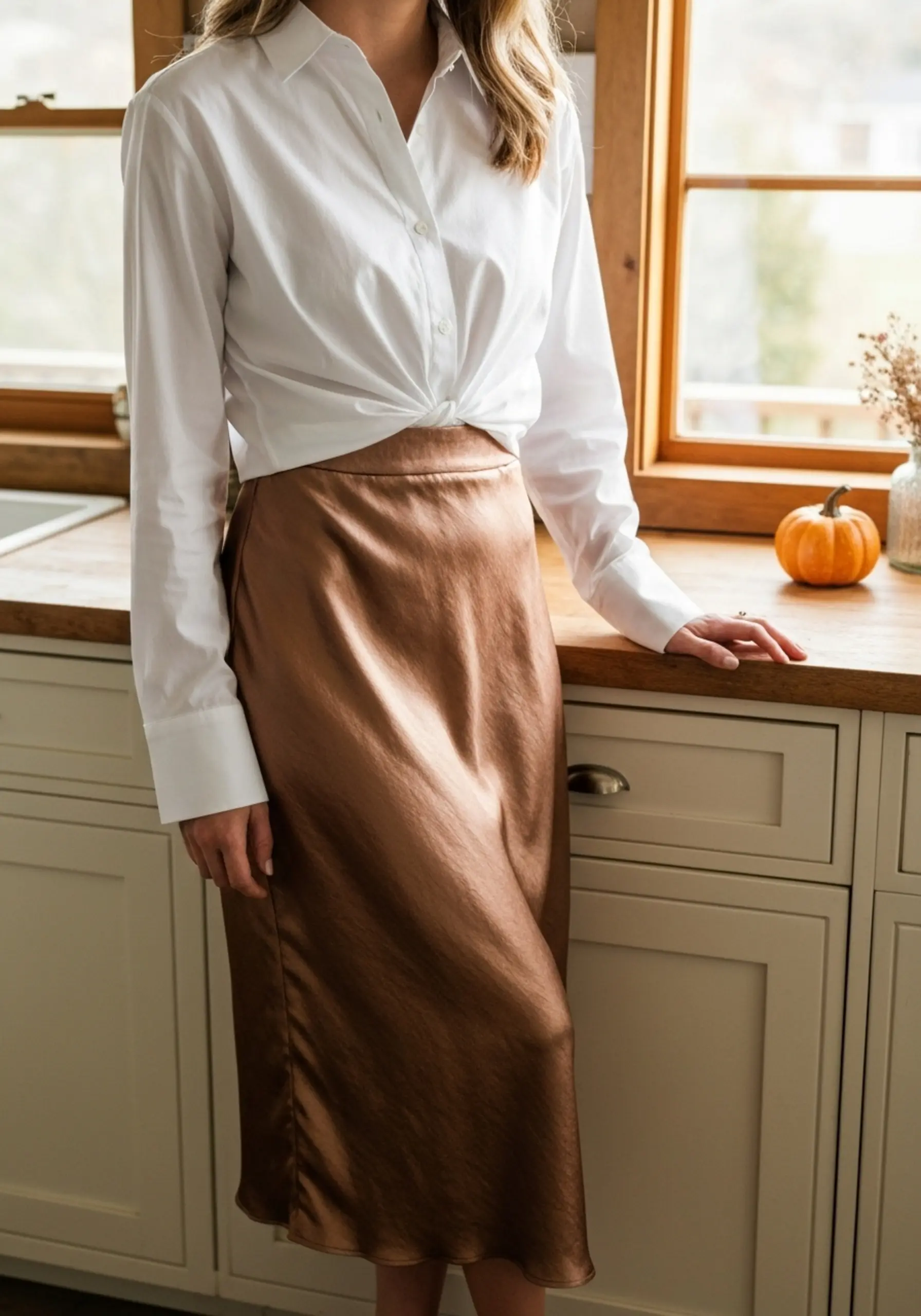 "7 Ways to Style a Satin or Velvet Midi Skirt for Thanksgiving" 4 White front against woman with leaning tuck midi casually a relaxed shirt bronze skirt button satin p wearing into down crisp image rustic counter 4 kitchen