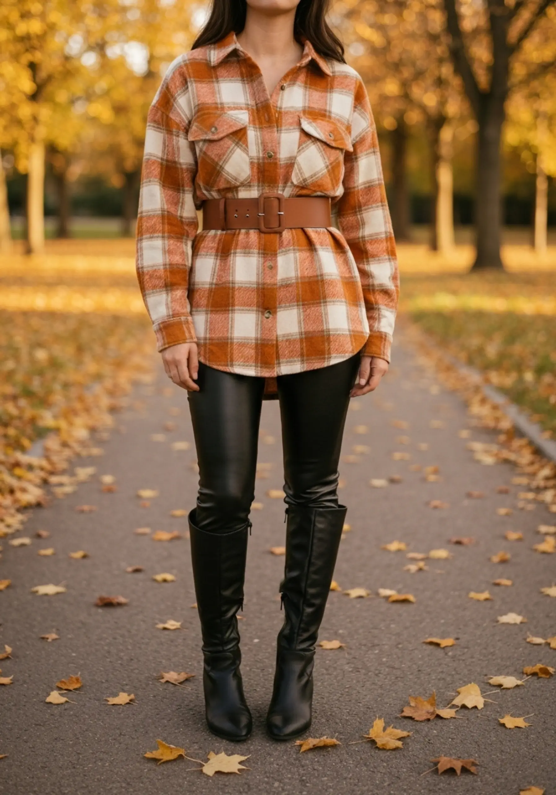 Full woman brown black waist boots with knee wide a leggings worn of shirt sleek p length the flannel shot and an over in oversized at leather cinched high belt image faux 4