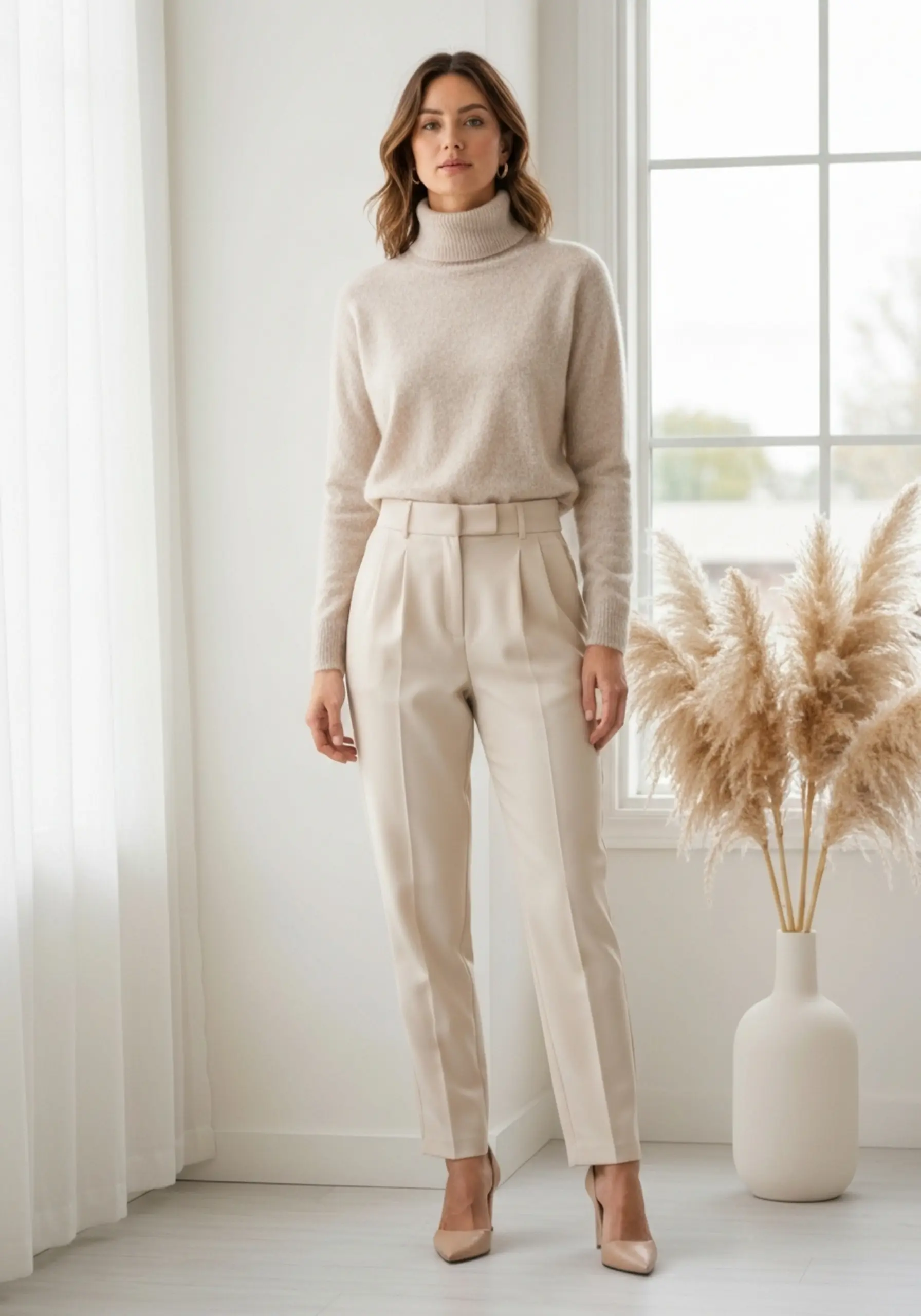 Full sweater outfit trousers a monochromatic of p length featuring turtleneck cream and image chic matching cashmere 4 photo