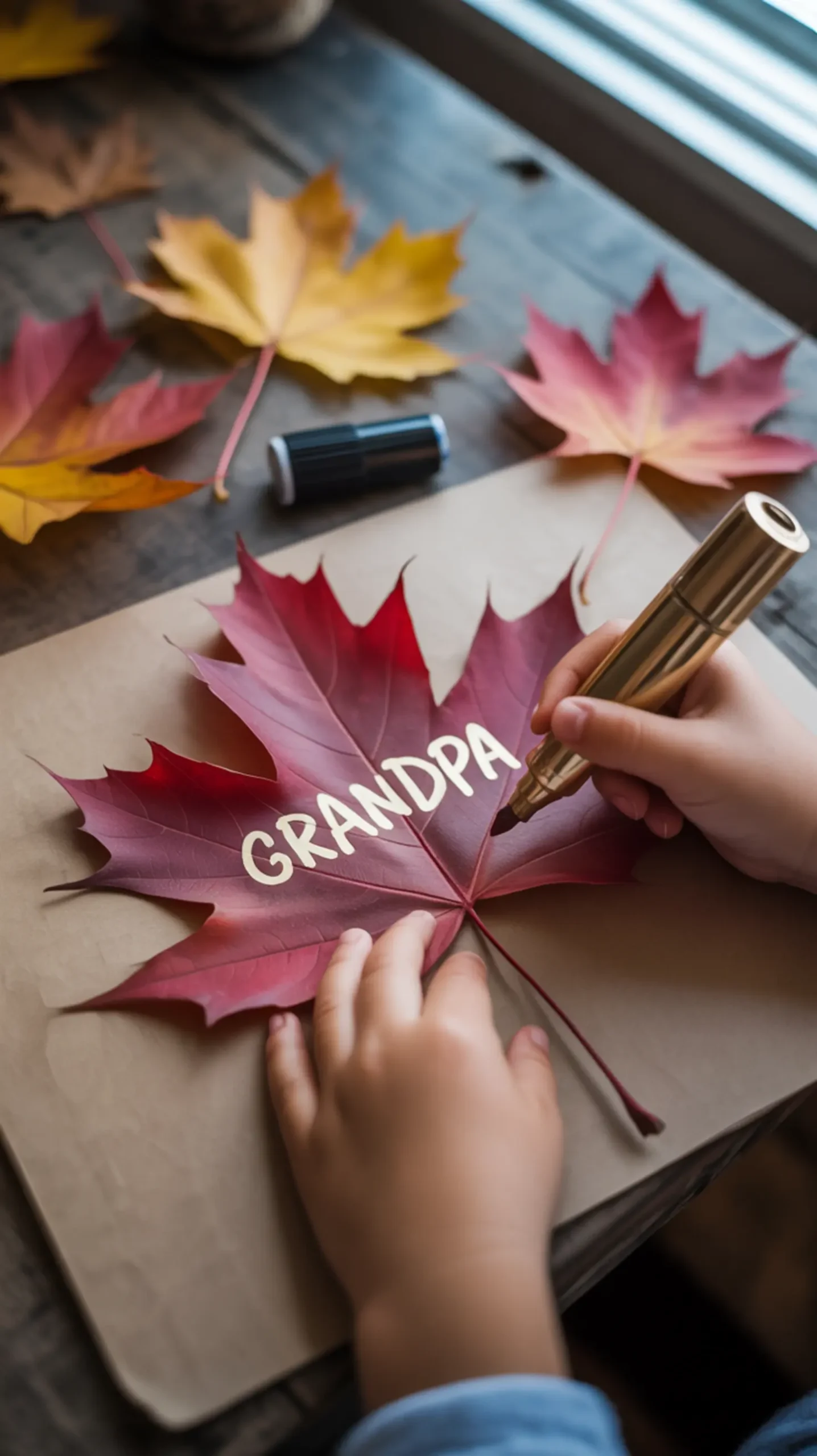 "7 Adorable DIY Thanksgiving Place Card Ideas Kids Can Make" 4 8221 8220 hands marker orange with maple name on a s p writing the gold and child colorful carefully image large leaf metallic grandpa 4 red