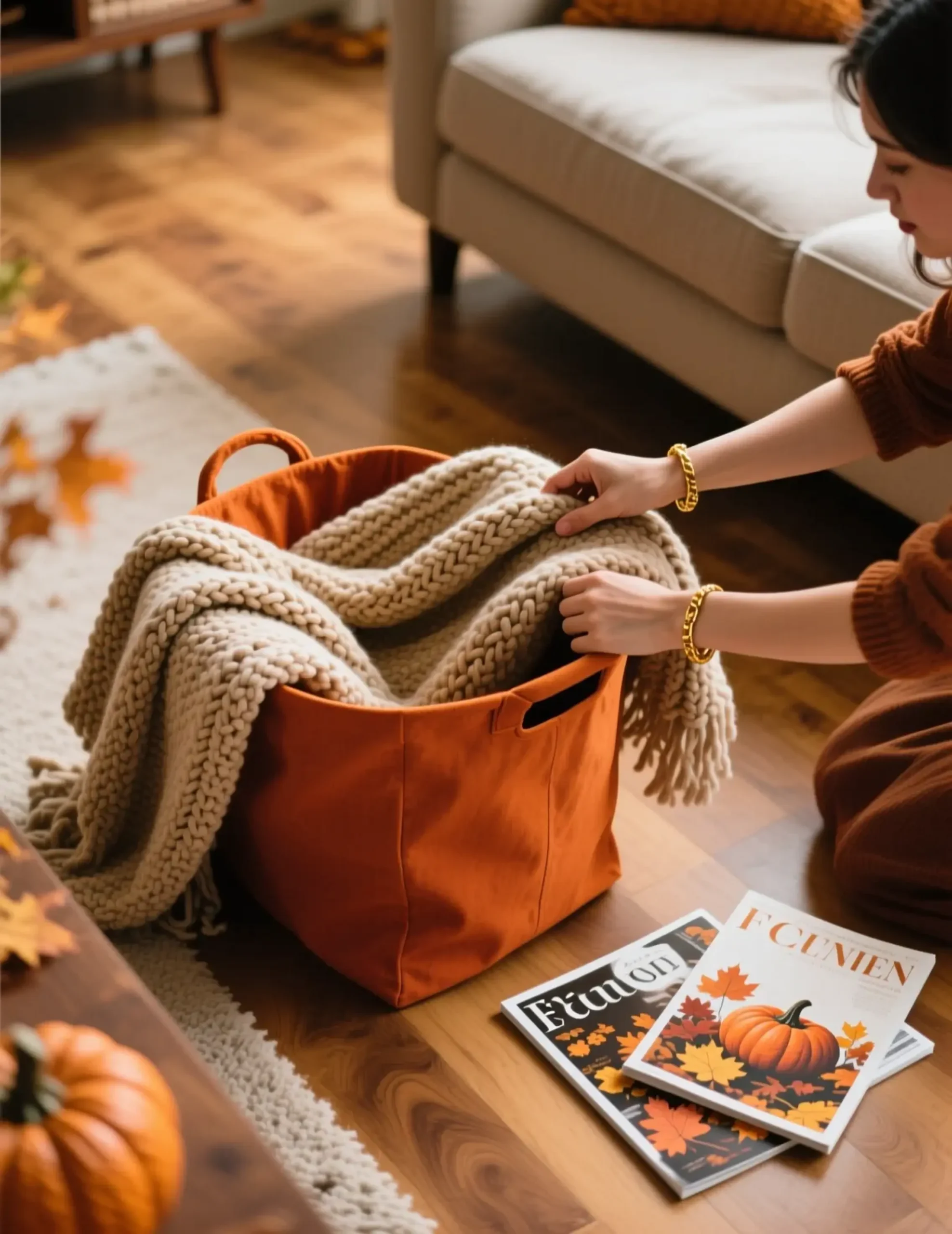 "7 Decor Items That Store Completely Flat (My Favorite Amazon Finds)" 4 Stylish bin burnt orange with knit room a collapsible p chunky couch living image next throw holding 4 fabric blanket to