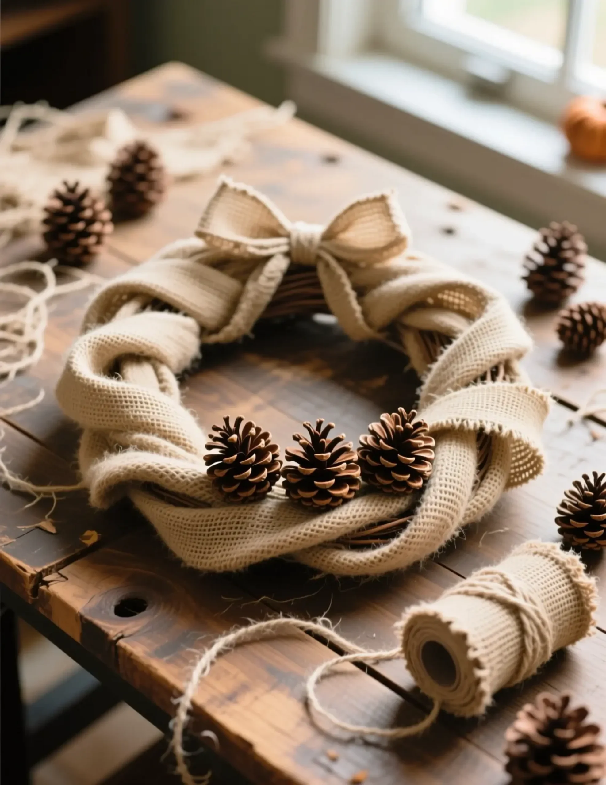 Full looped effect creating gathering wreath nestled made burlap a of p small natural bottom the ribbon and an is into textured accent as image from pinecones 4 three