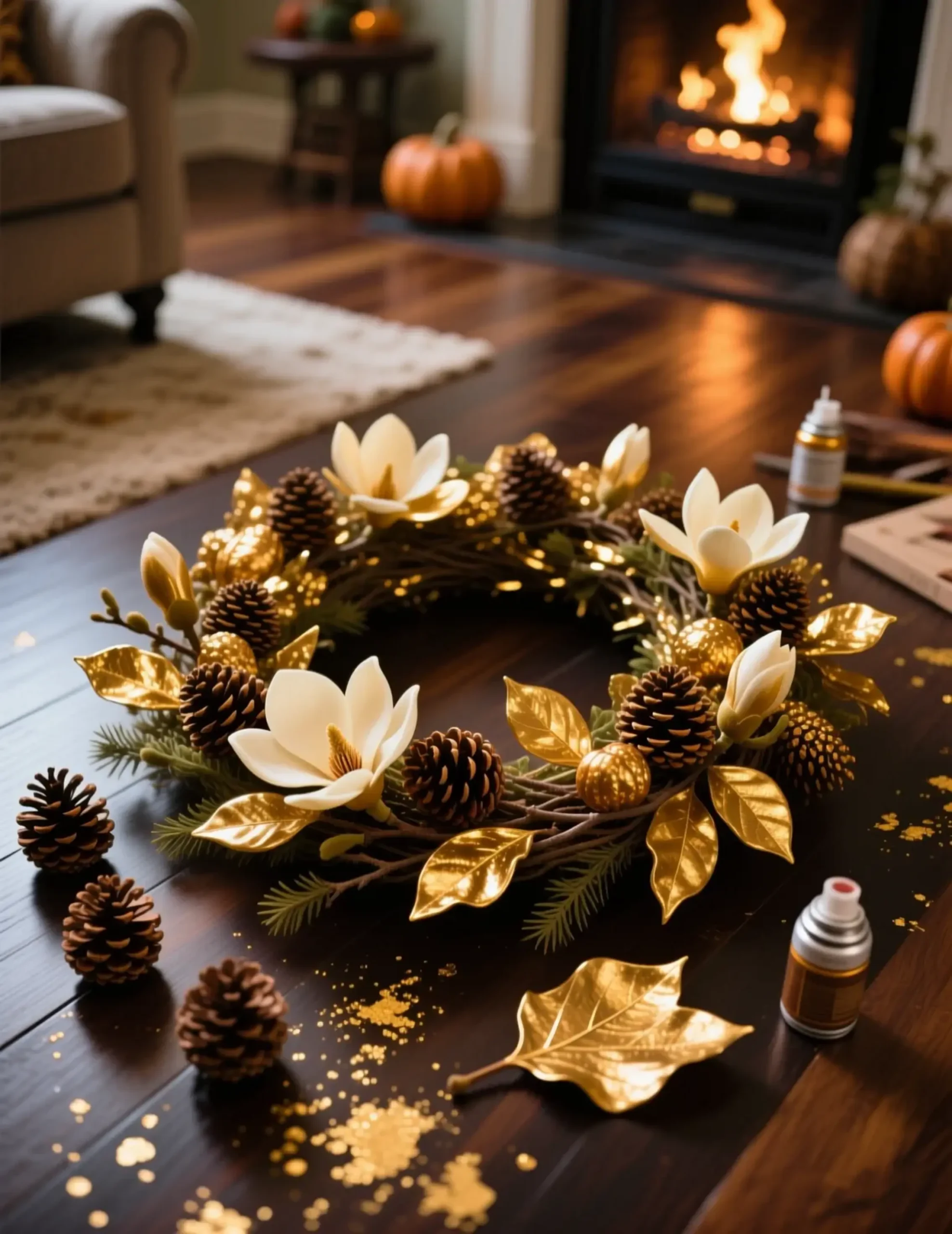 Indoor warm gilded catching with a staircase p the gold and accents pinecone cascades magnolia garland beautifully down image wooden banister 4 light