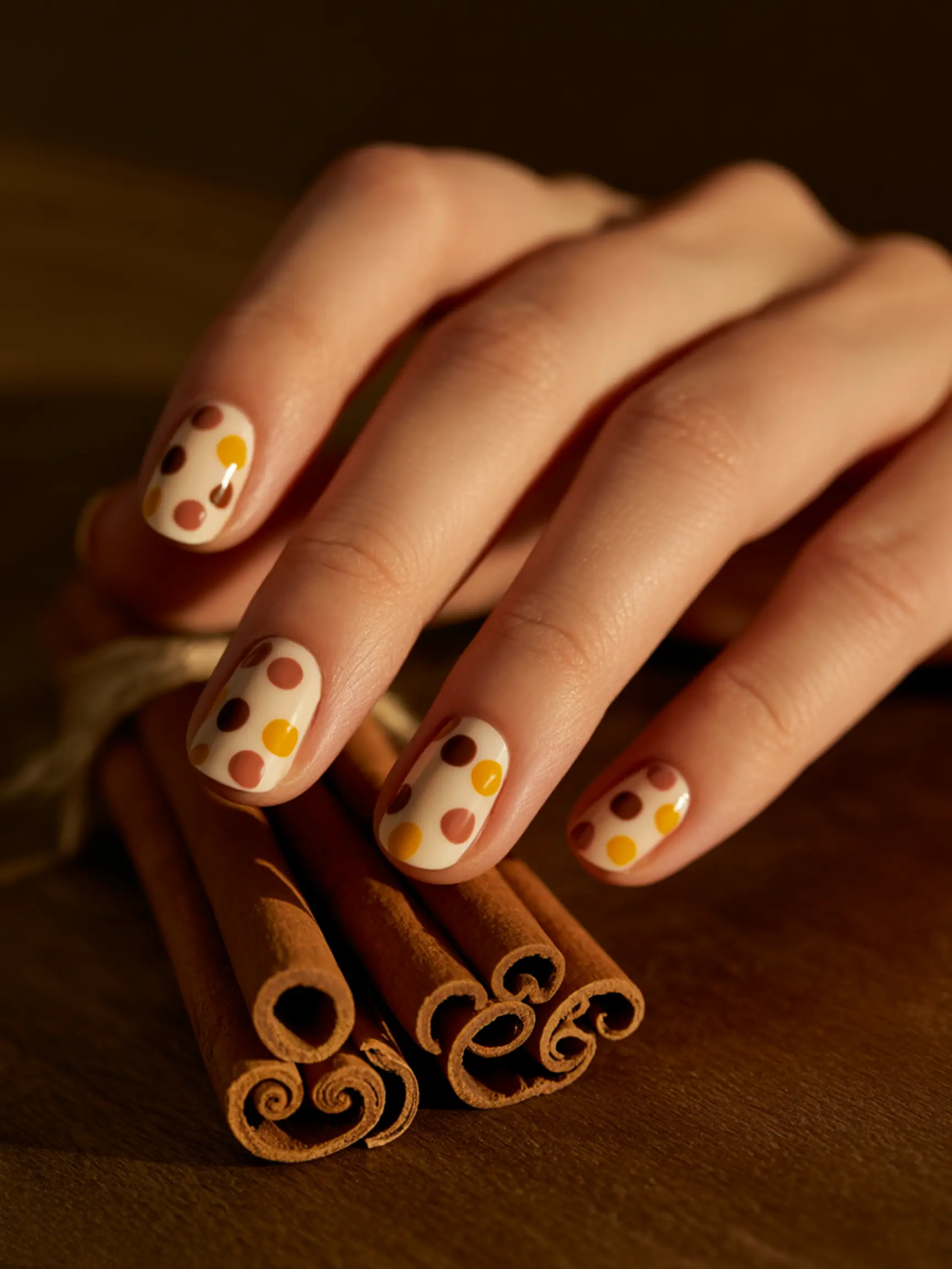 "20 Cute Turkey Nail Art Ideas for Thanksgiving (That Aren'T Tacky)" 4 Dots brown base with a of p chocolate cream random and is in nail image colored mustard terracotta pattern 4 polka covered yellow