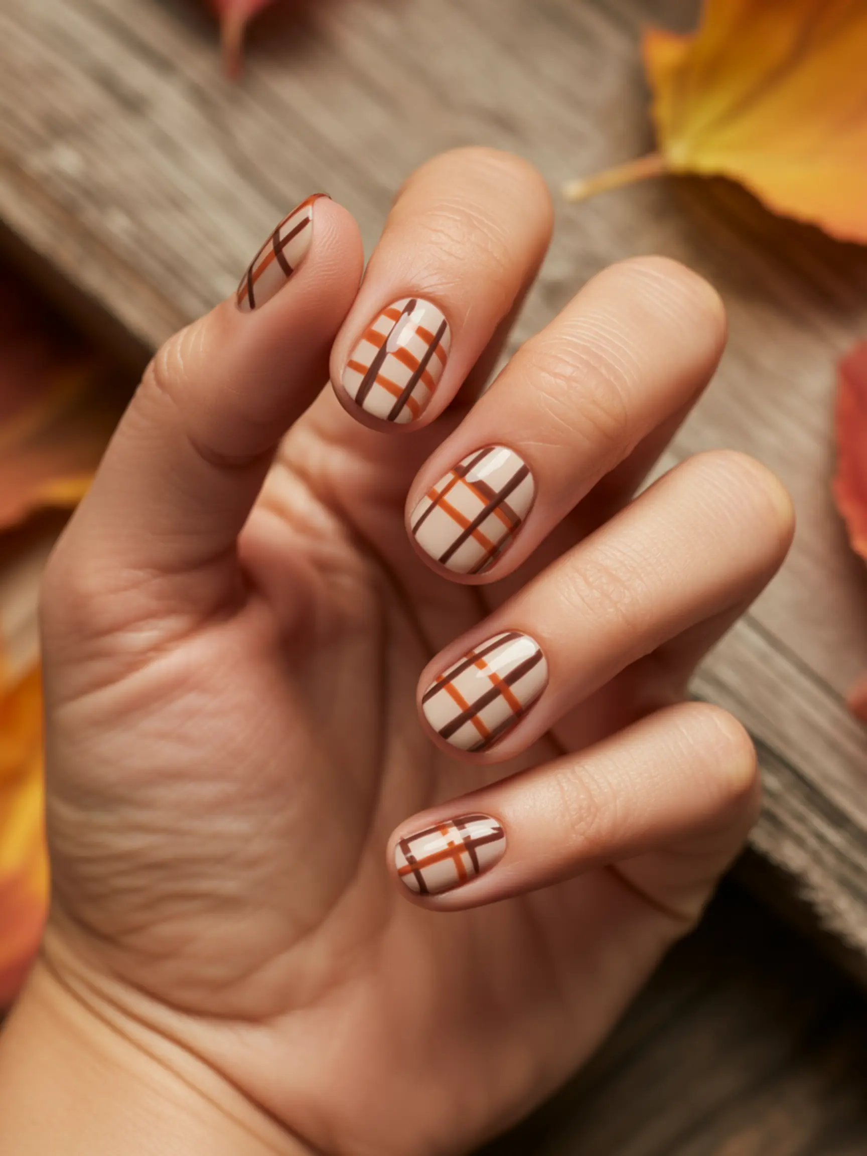Brown burnt base orange with a up intersecting of thin create p chocolate single simple cream and close nail image rustic pattern 4 lines plaid painted