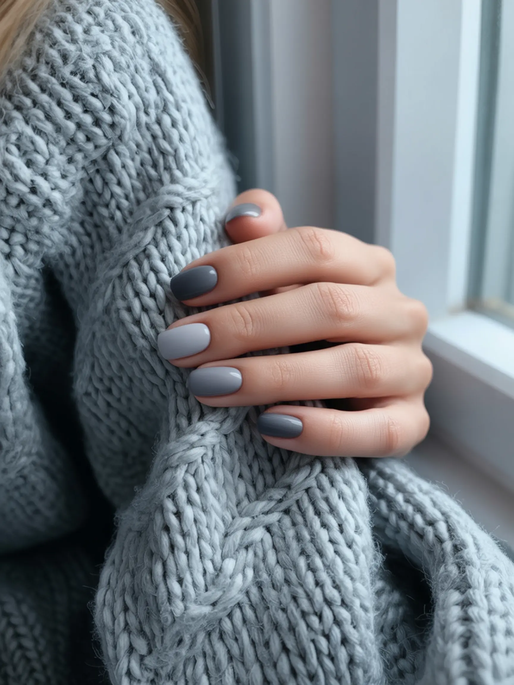 Hand sweater with knit matte gray a on p dip shades varying cable in image resting from powder 4 light charcoal to nails