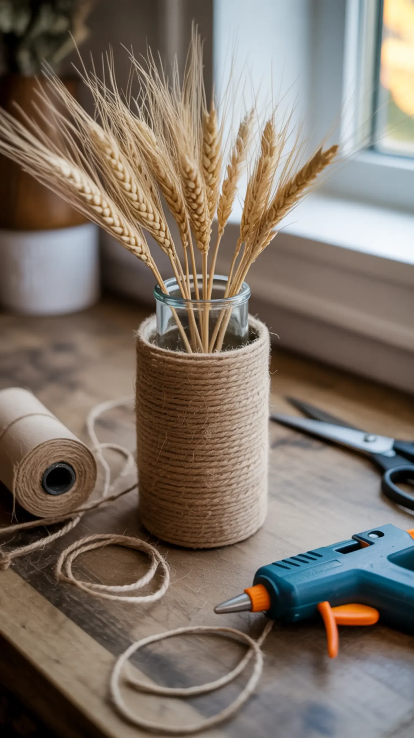 Being tightly finished vase wheat dollar jute with cylinder a wrapped tree p natural simple the glass it product image faux beside from stalks holding 4 standing twine