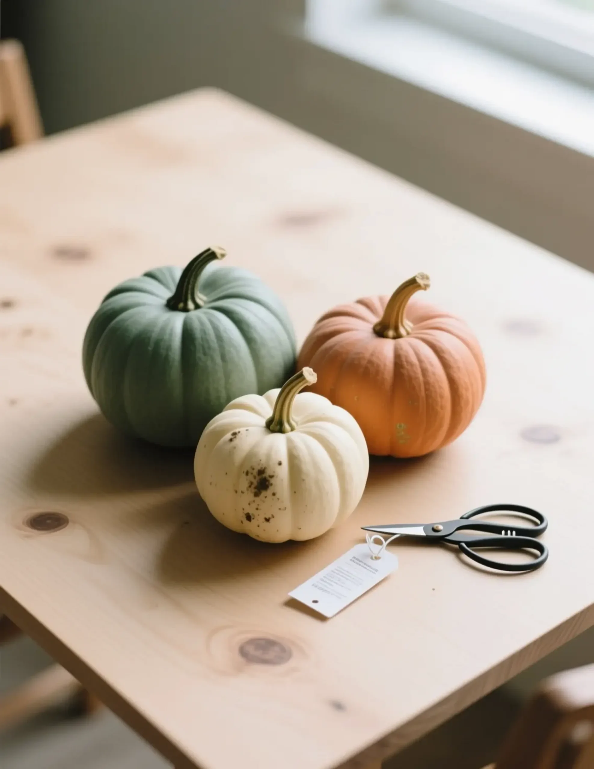 Arrangement together artistic they creating dusty orange muted different colors on a sizes p simple clustered cream and an shapes sage pumpkins in are empty table green image console wooden 4 three