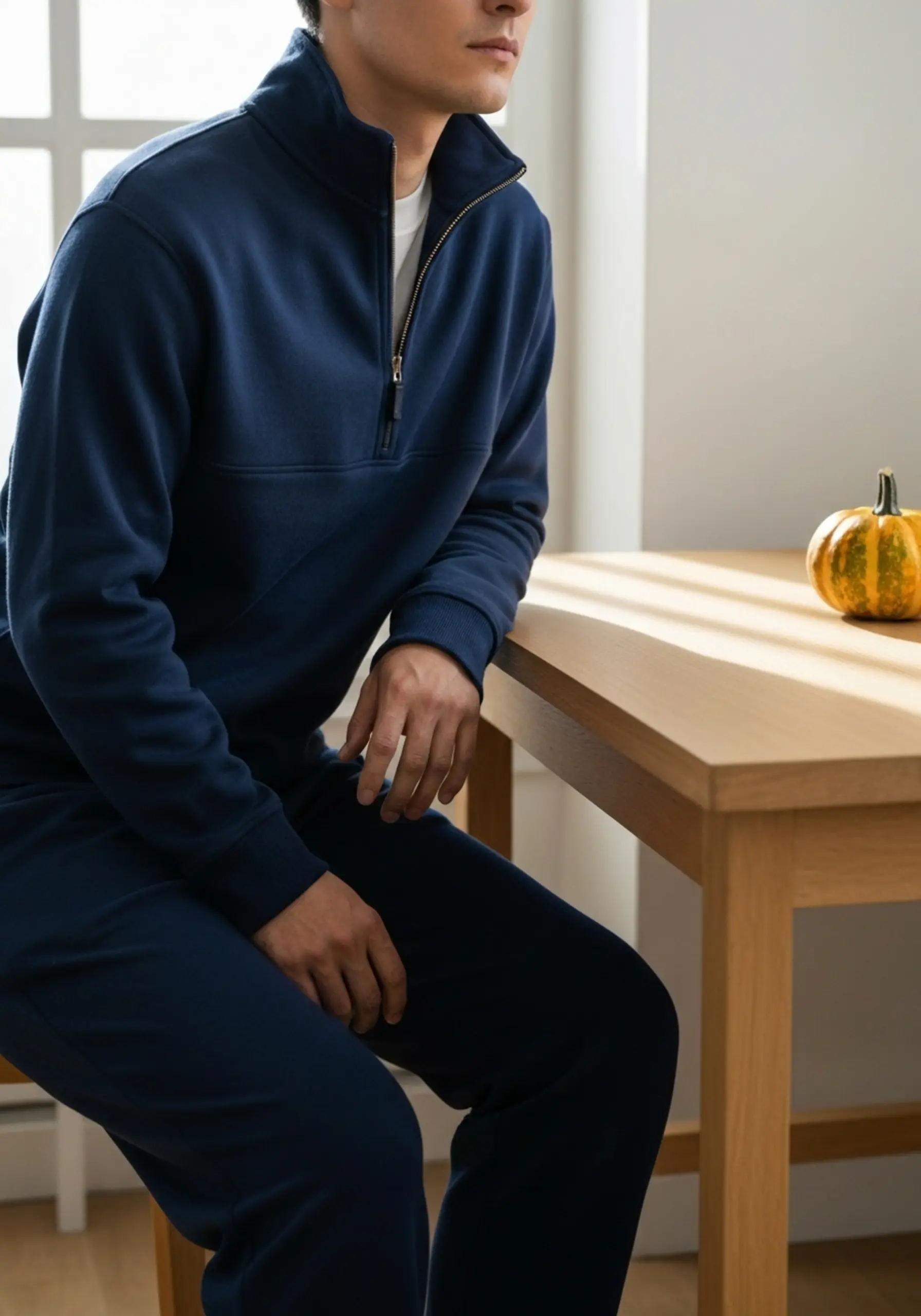 Woman half desk smiling minimalist a pullover she p set clean in at as sits image navy zip blue 4