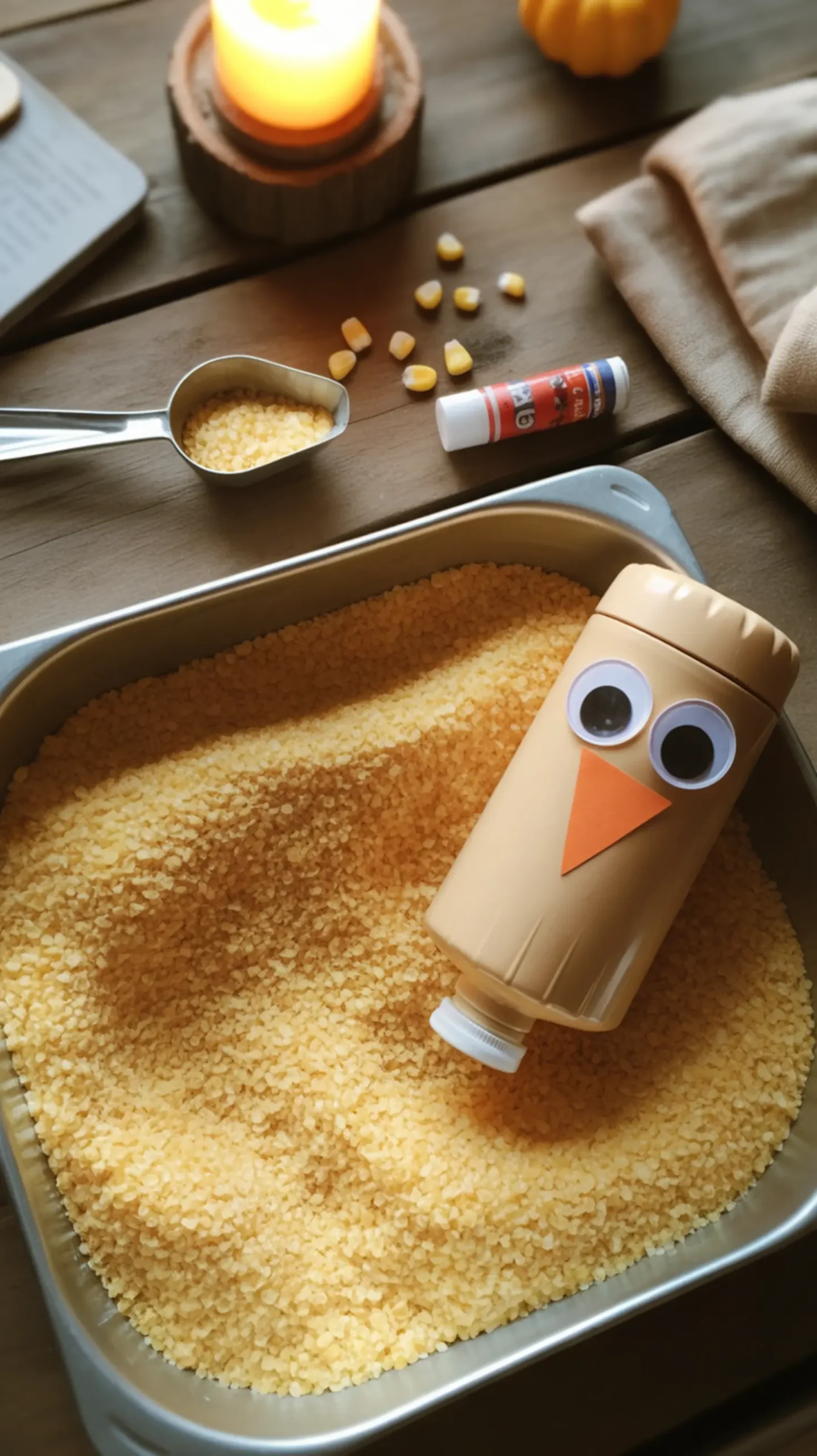 Eyes bin sensory beak with recycled look like a construction decorated googly p the and is turkey image bottle filled paper next plastic cornmeal 4 to yellow