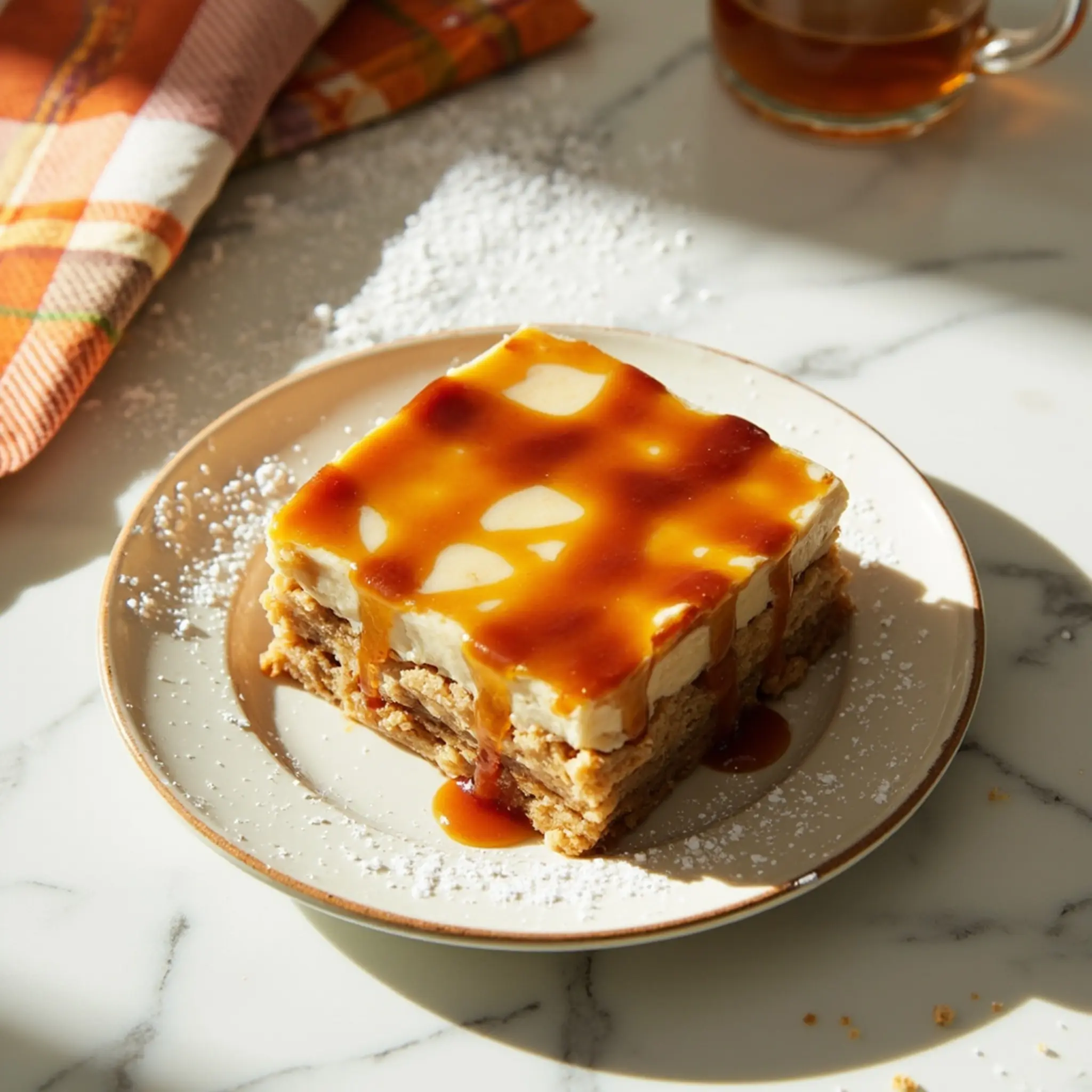 Layers motion showing square on a of p distinct the slice is over dessert in caramel image frozen top drizzle 4 plate