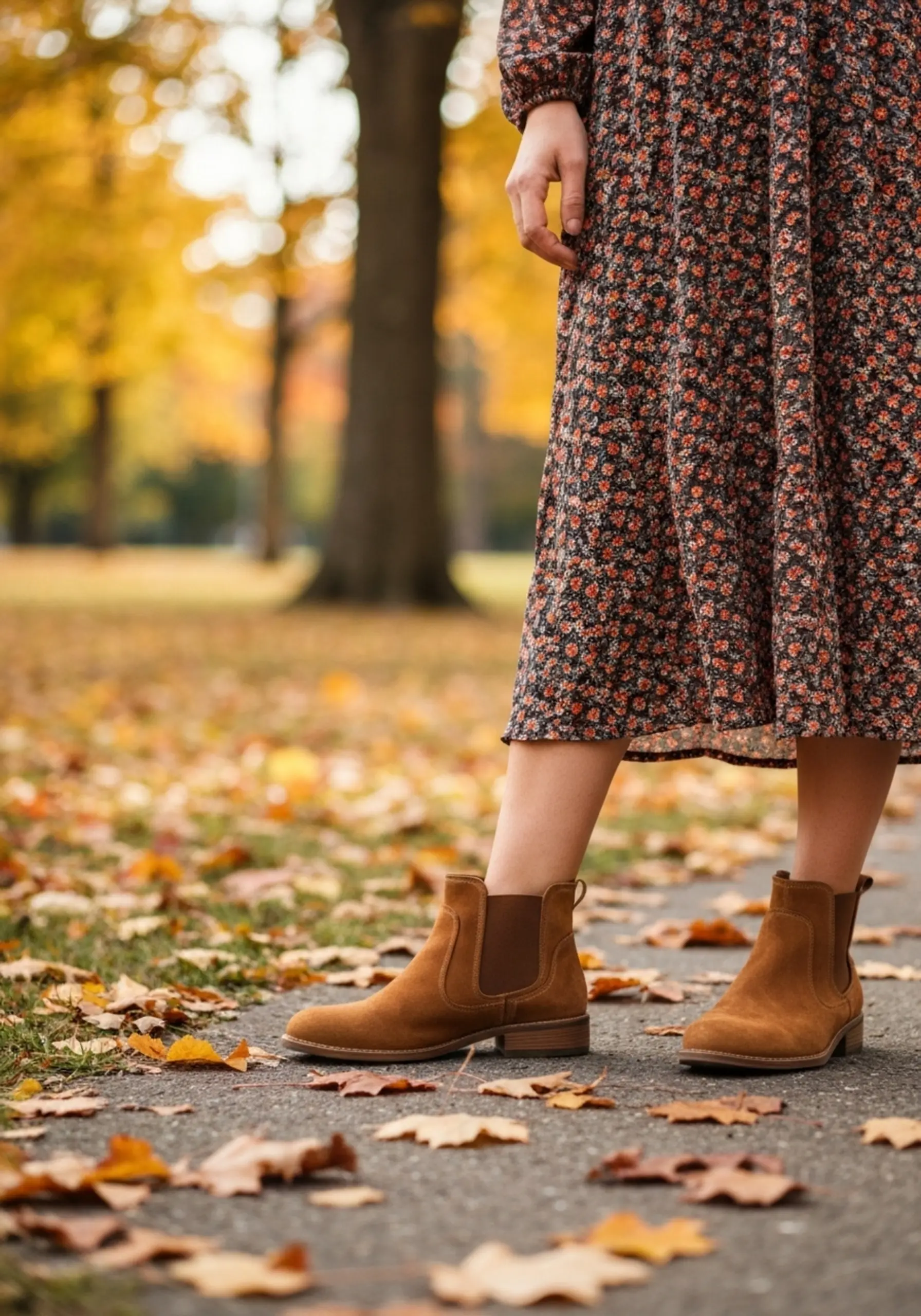 Woman flowy brown floral dark boots with sleeved dress midi a casual p suede ankle in styled image long pattern 4