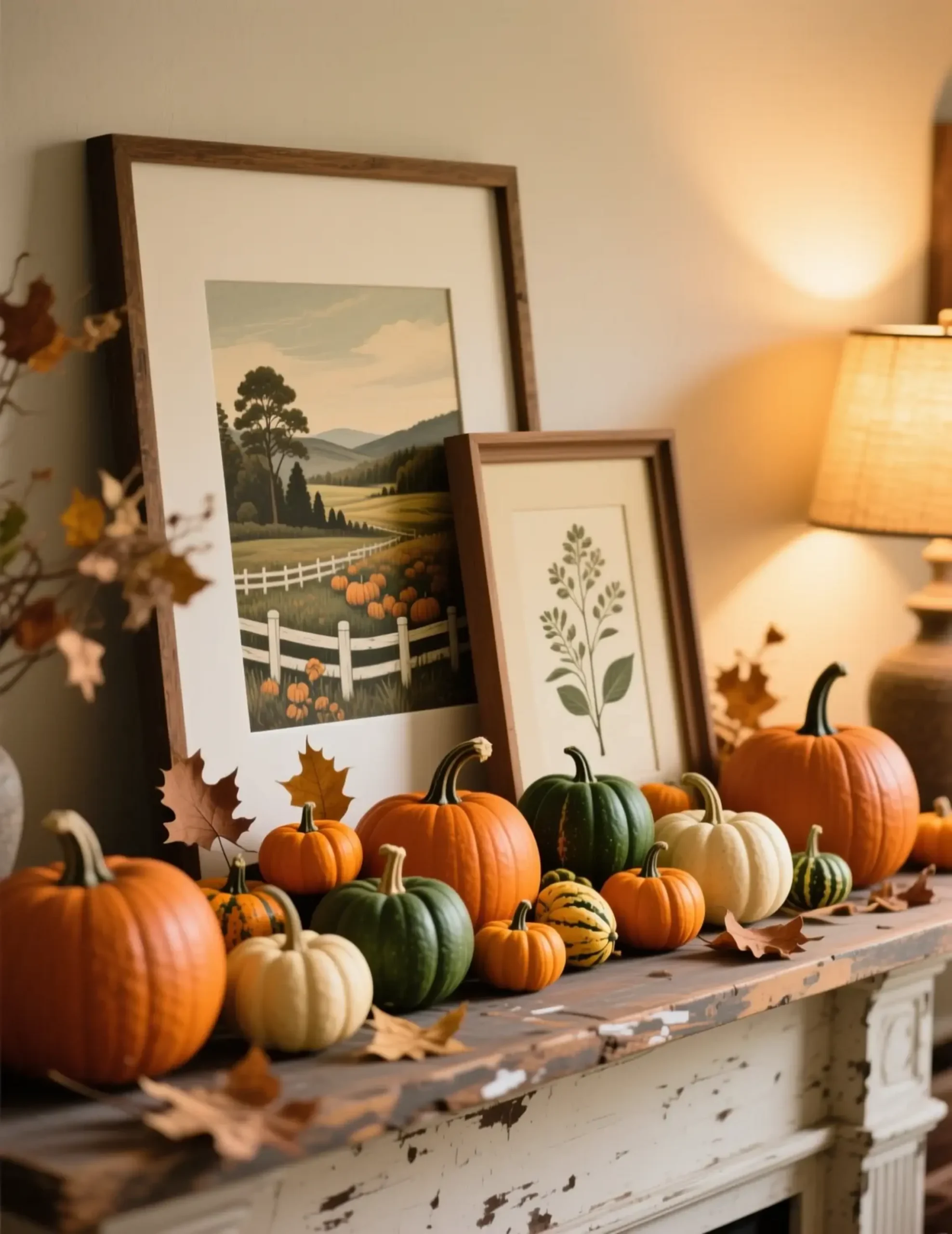 Front various them mantel with leaning different on a sizes of p small the gourds art arranged and pumpkins in colorful image prints framed cluster two 4