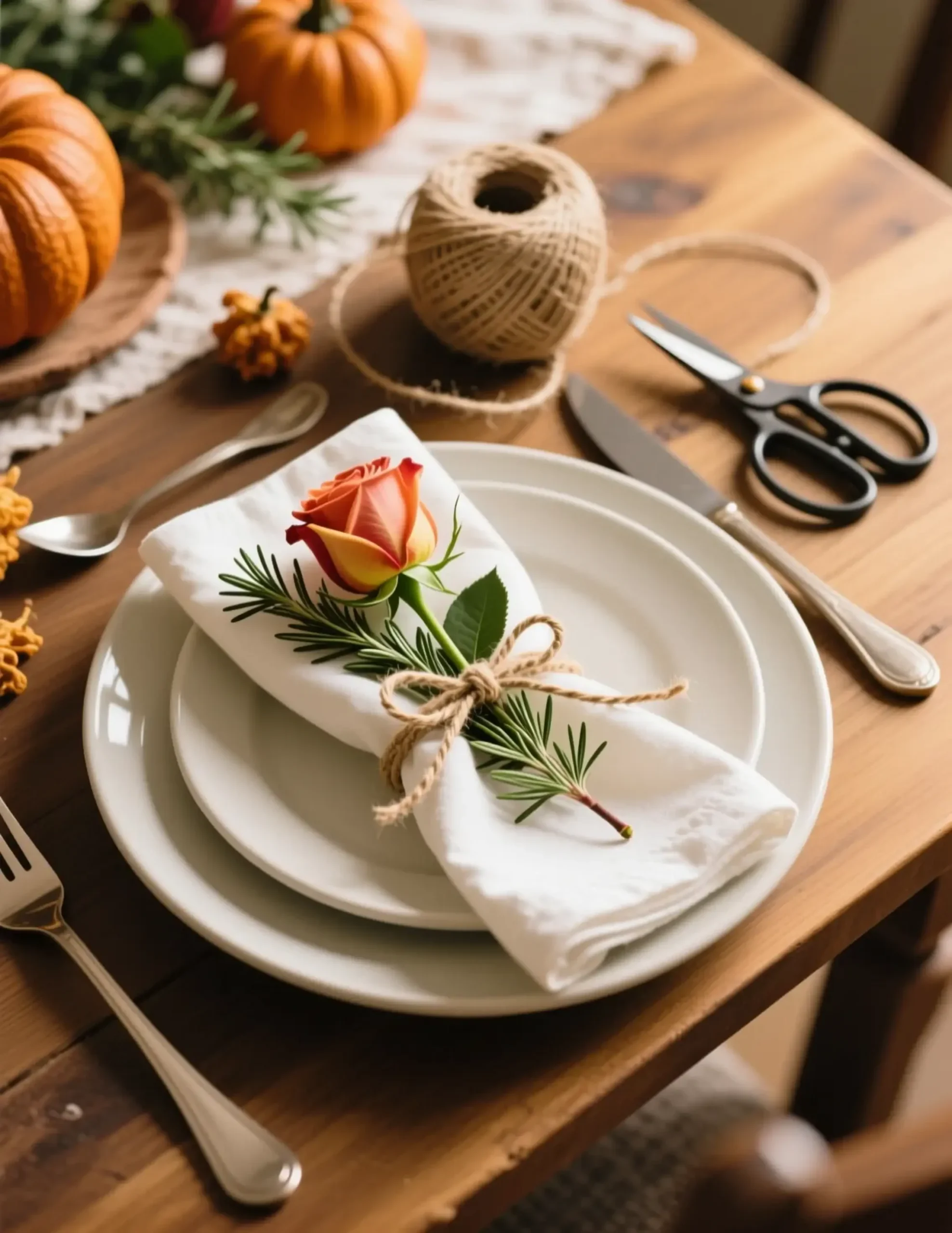 White napkin tied fresh jute with sitting on a of p single sprig simple neatly it image folded linen rosemary 4 to plate twine