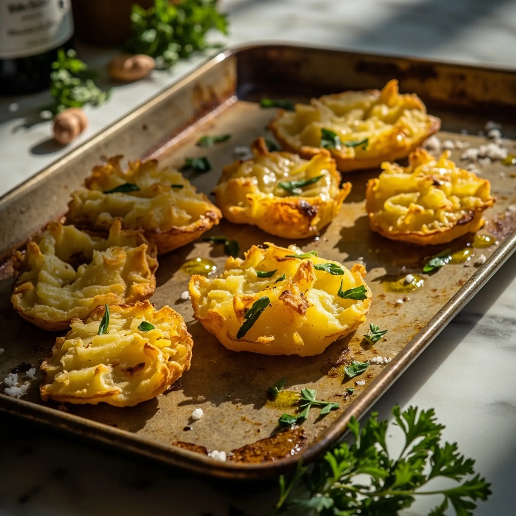 Craggy golden on a showcasing of sheet crispy p potatoes the texture shot smashed down image their top 4 baking
