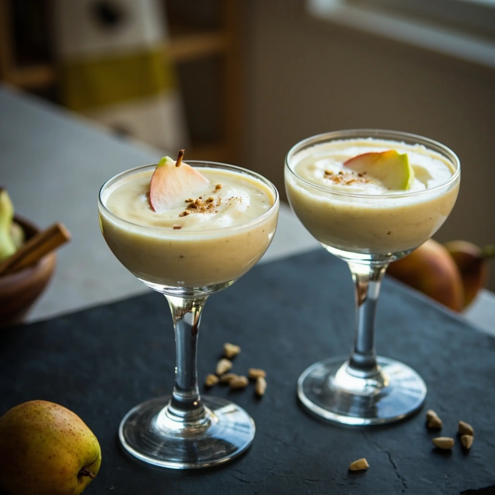 Fool pear glasses with a of creamy p the slice stemmed clear pale image filled tiny 4 elegant garnished