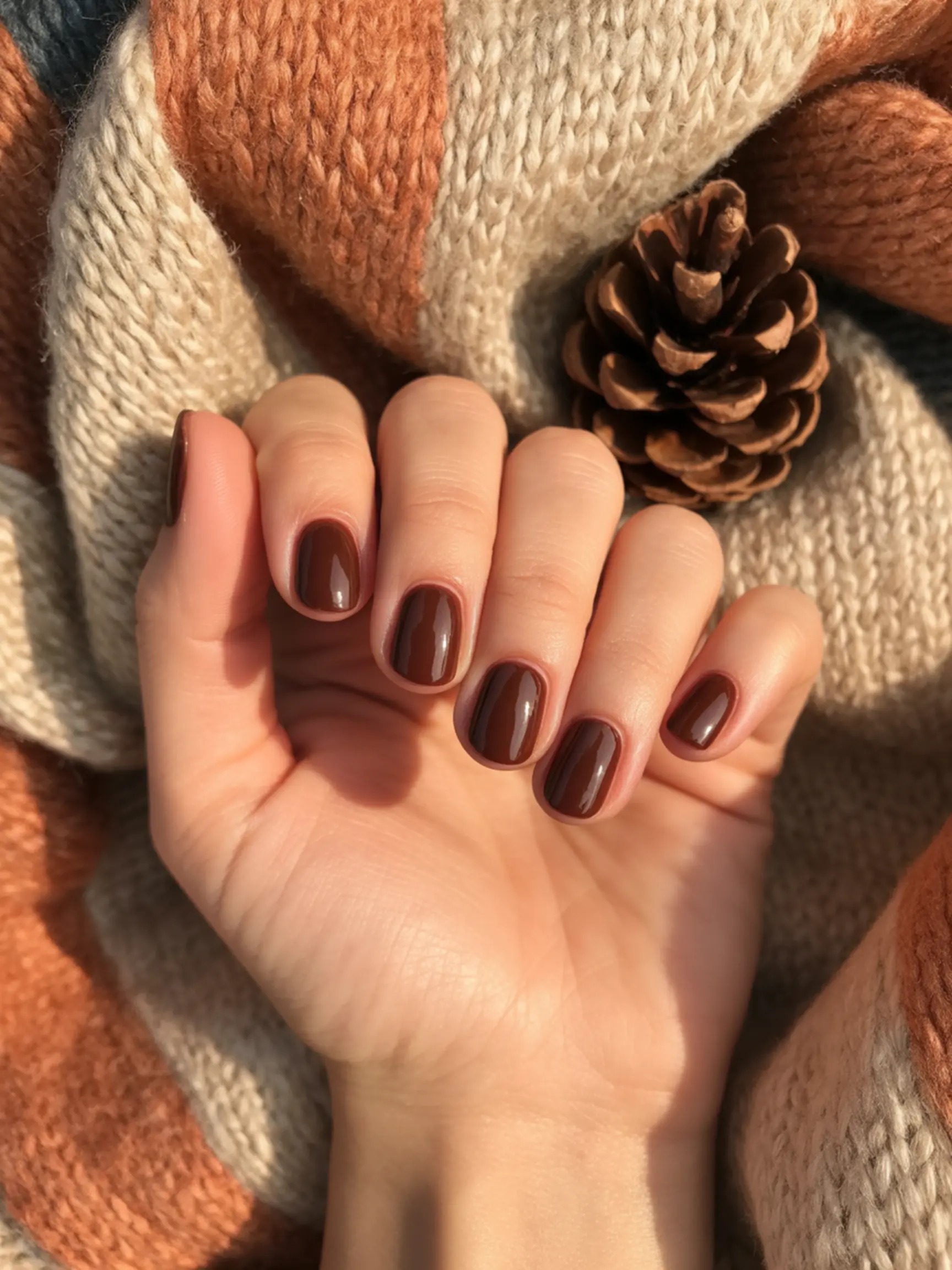 Polish hand brown half dark with showing a of p natural bottom left the shape unpainted at nail image moon 4 nails painted
