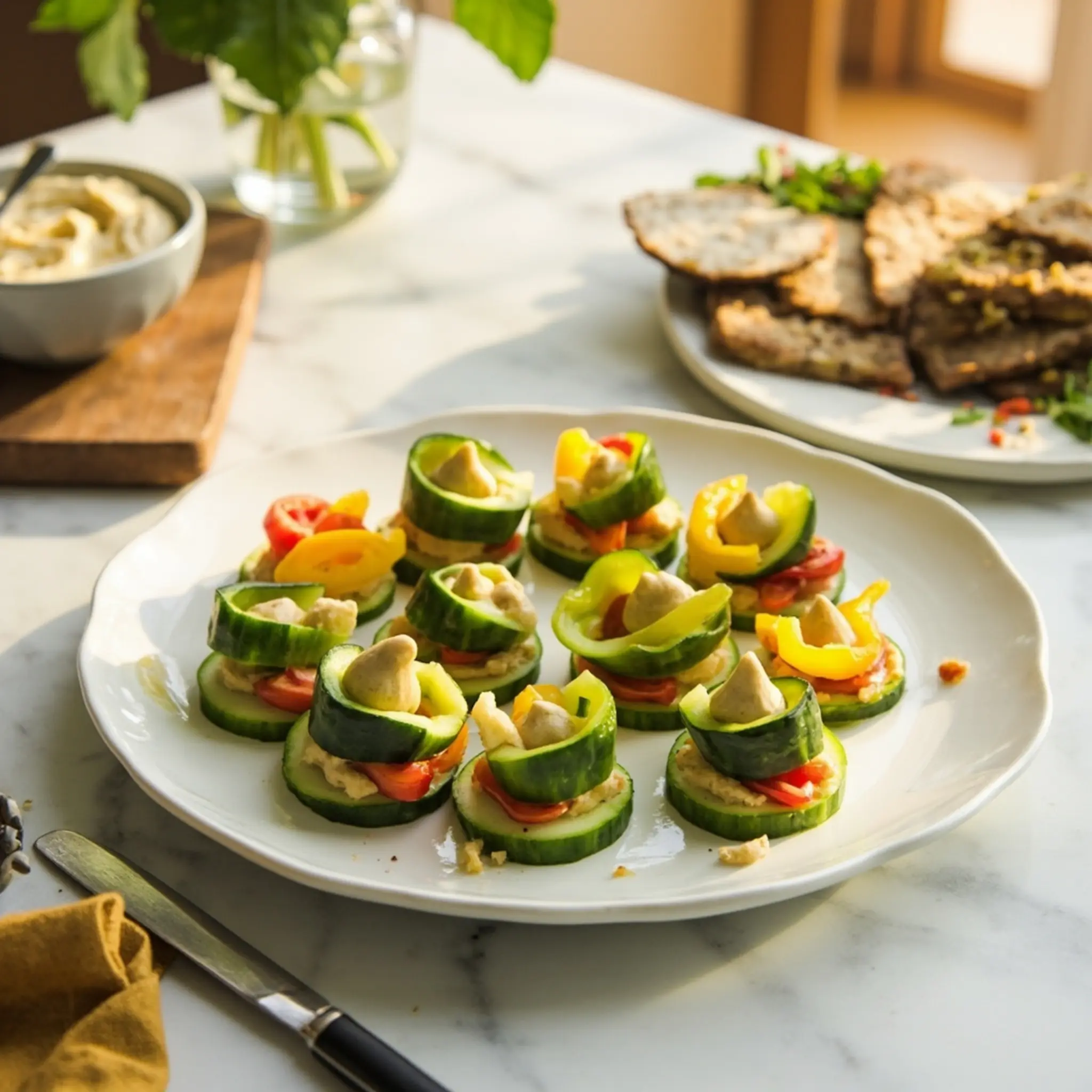 Dab white 8221 8220 several buckle hummus by with square on a of p small the slice pilgrim arranged and neatly hats is brim held image sits pepper top round cucumber 4 plate yellow