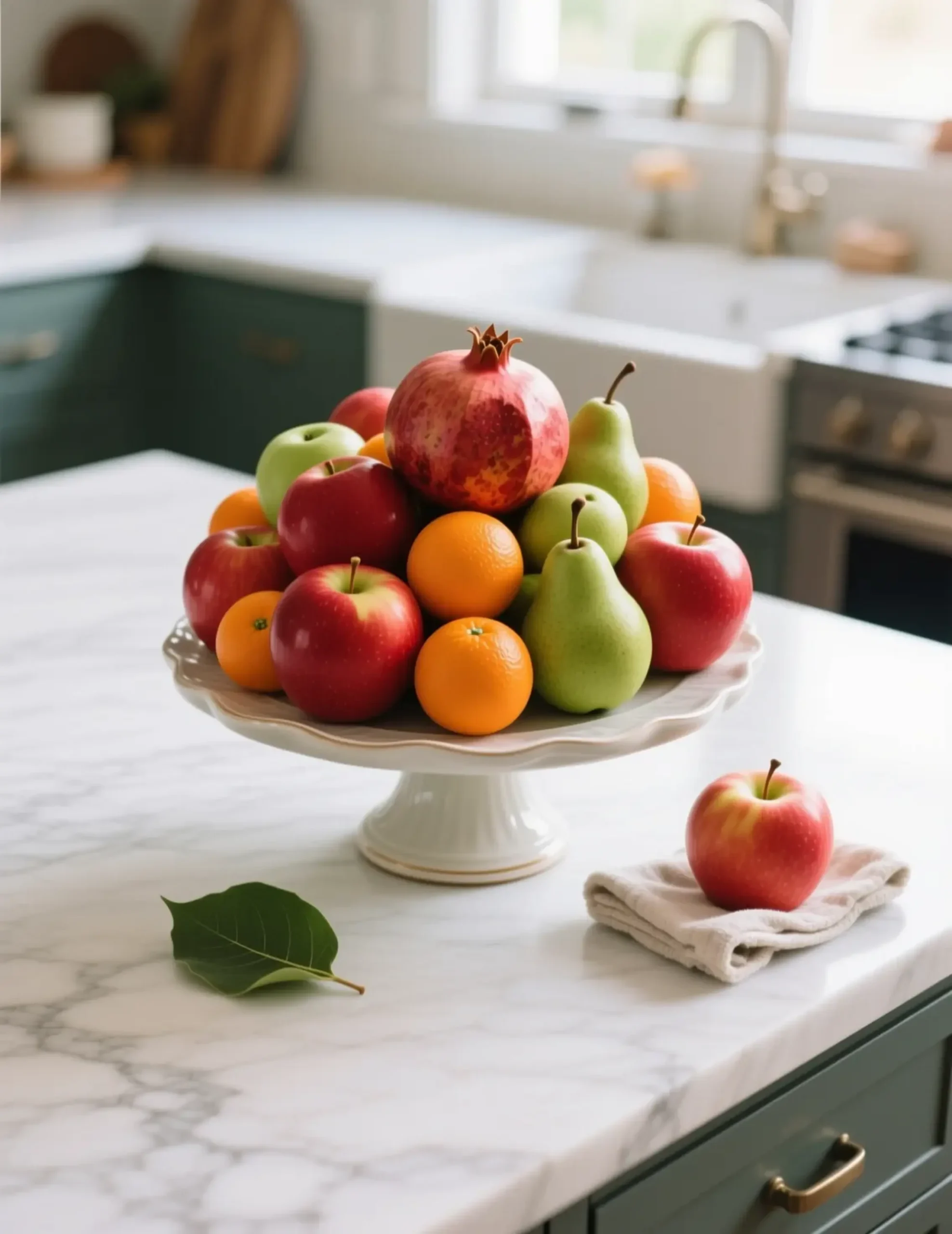 Vibrant whole arrangement creating with apples a of p small stand cake pomegranate and ceramic beautiful high image pears oranges edible 5 piled mix