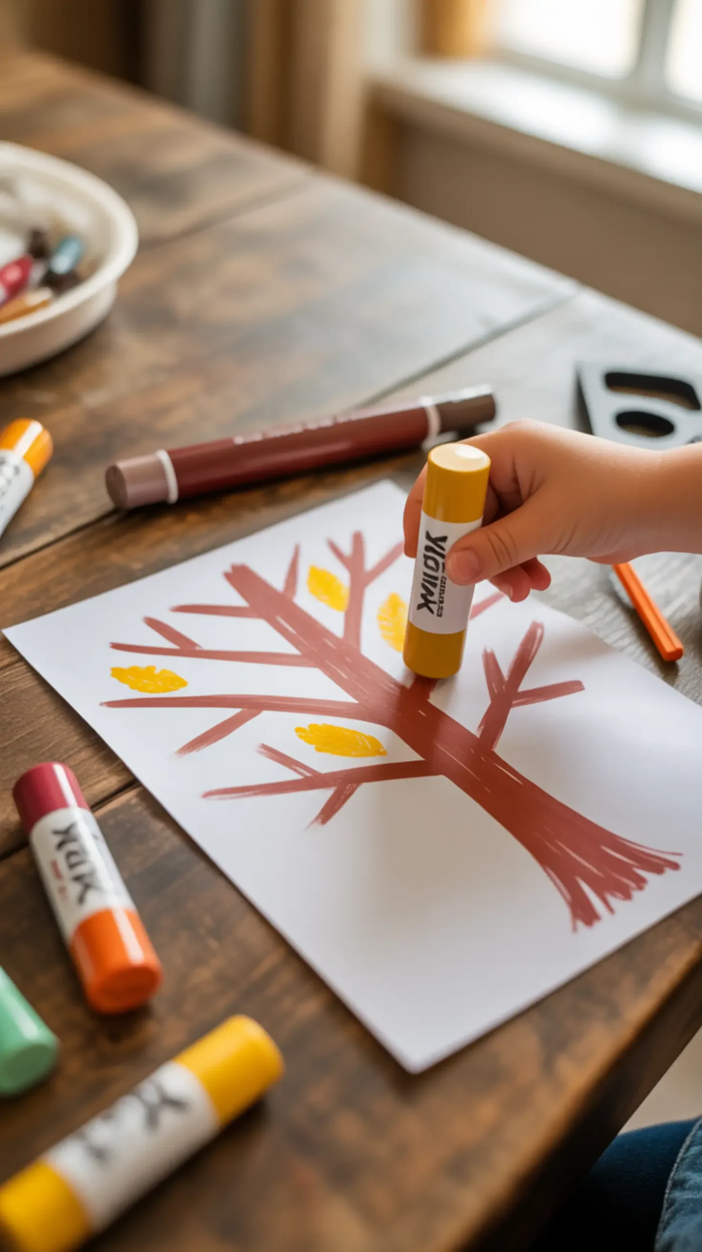 Drawn hand stamping branch a up tree of stick s p onto shape 8217 kwik close child image leaf paint holding stix 5 yellow