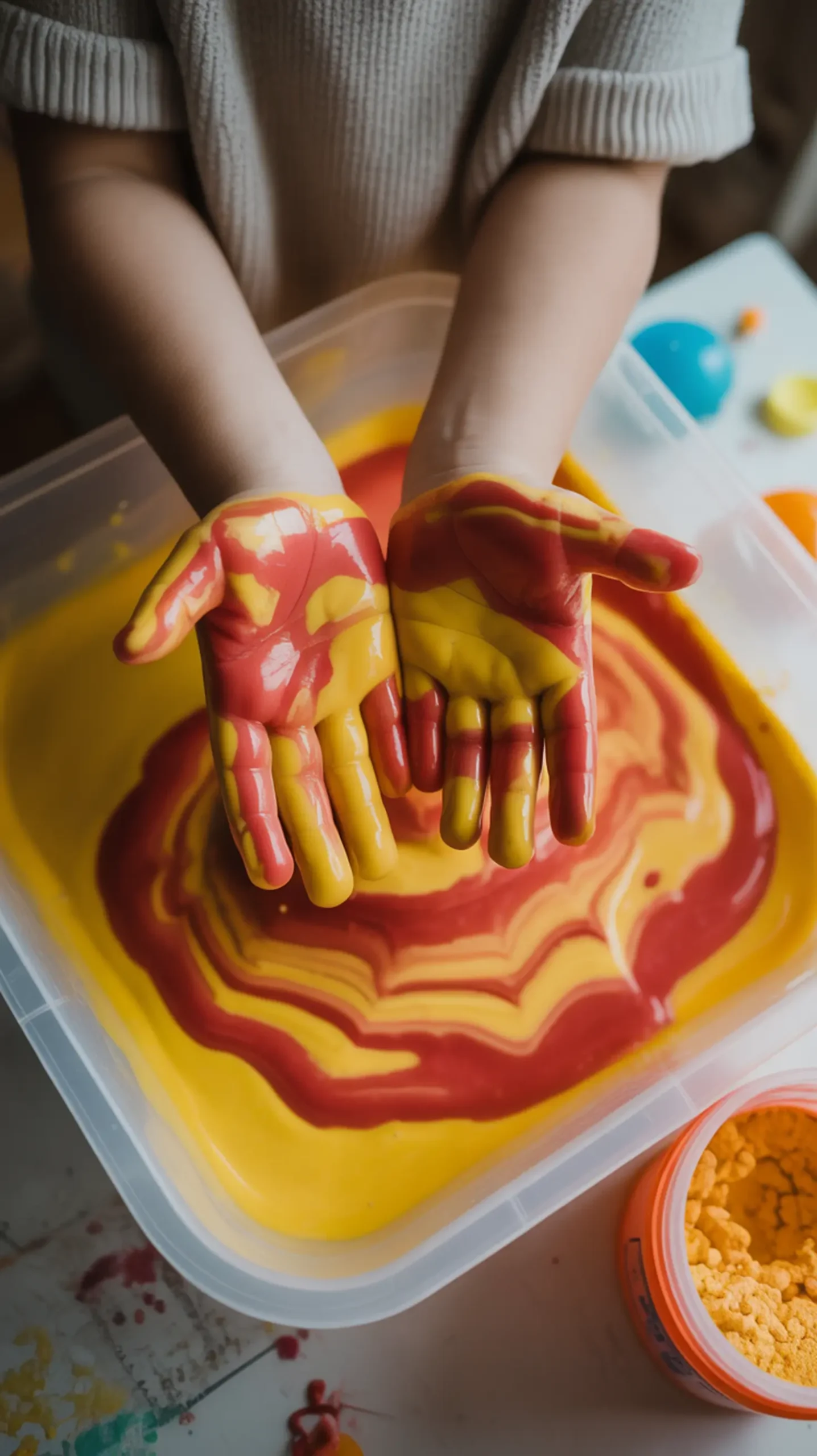 Where being hands with looking like a of s p the solid shot and 8217 swirled some mixture it yellow child in held image liquid dripping 5 covered red oobleck