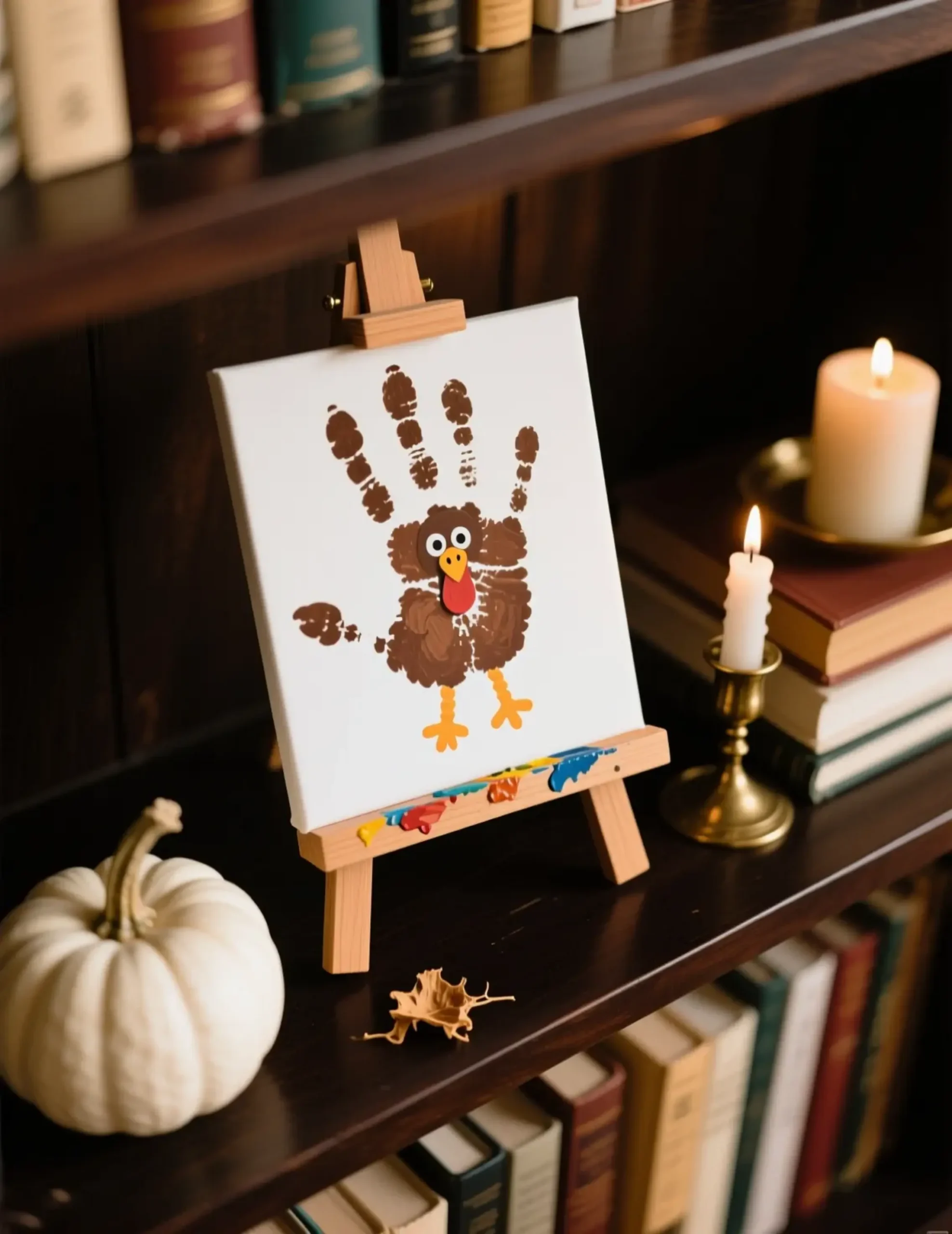 White bookshelf books with sitting a of stack s p small easel art and 8217 child styled turkey image handprint pumpkin next wooden holding 5 to