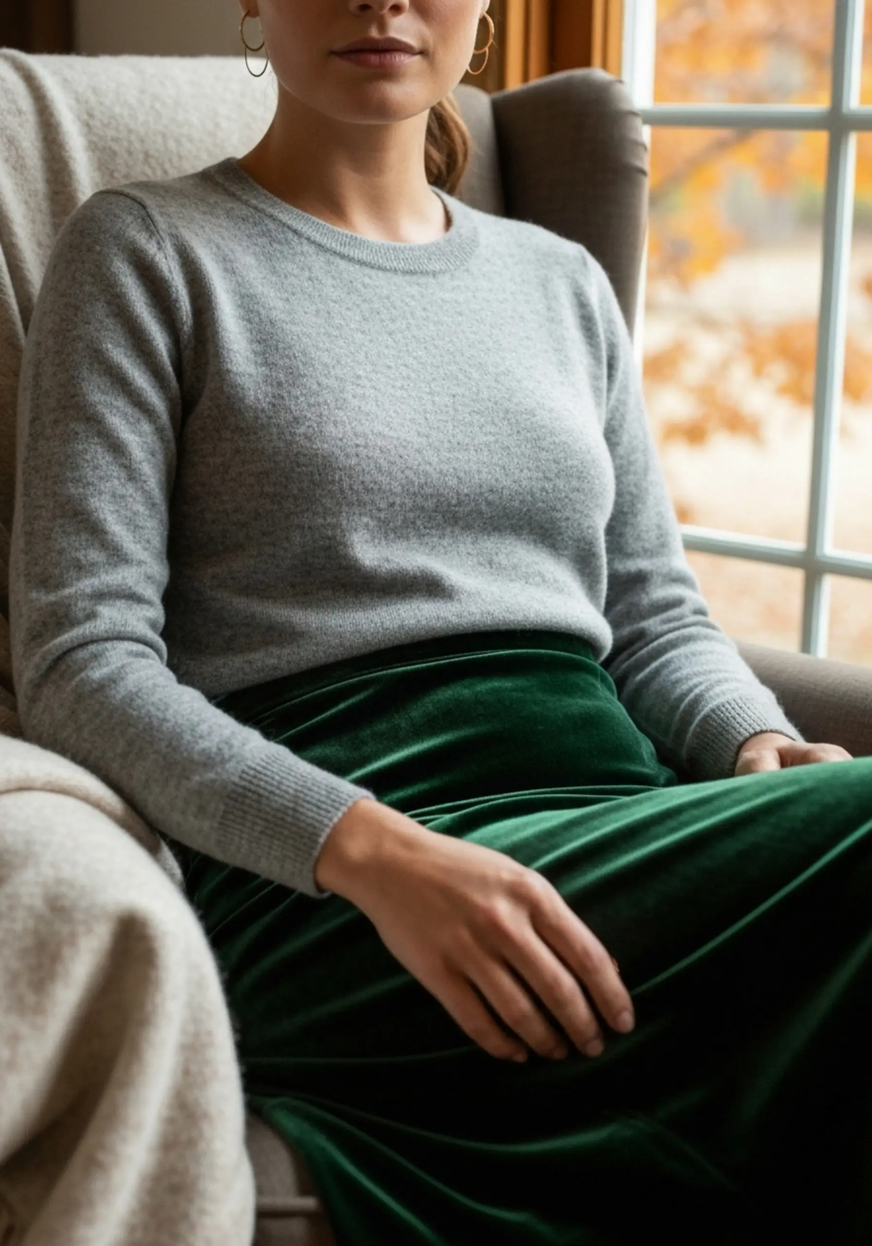 "7 Ways to Style a Satin or Velvet Midi Skirt for Thanksgiving" 5 Woman portrait sweater dark delicate with a grey of skirt p wearing simple crewneck gold earrings hoop merino green image velvet 5 timeless wool accented