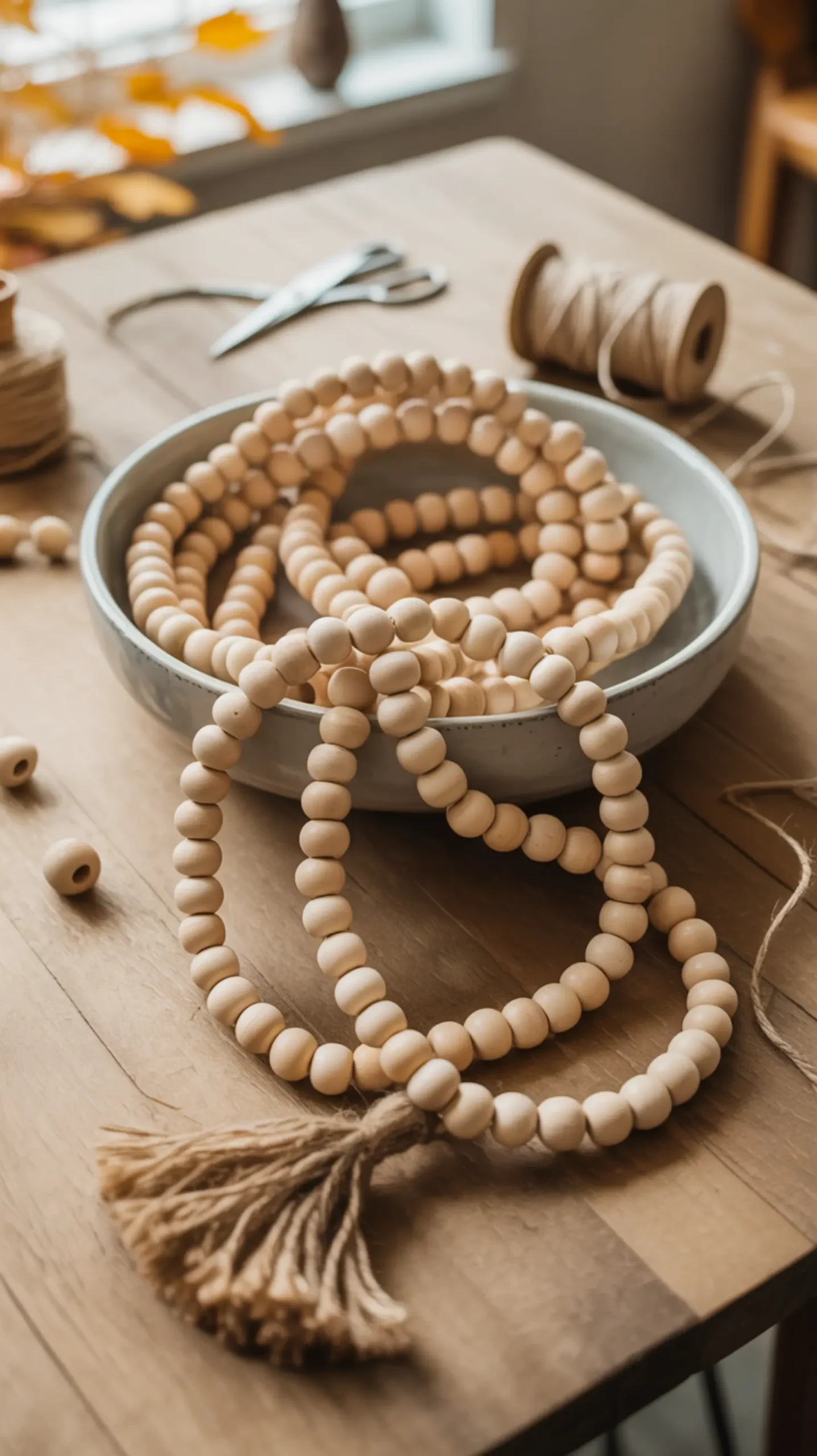 Coiled strand white jute with bead a of p natural the fluffy tassel ceramic in garland at image resting end bowl wooden 5