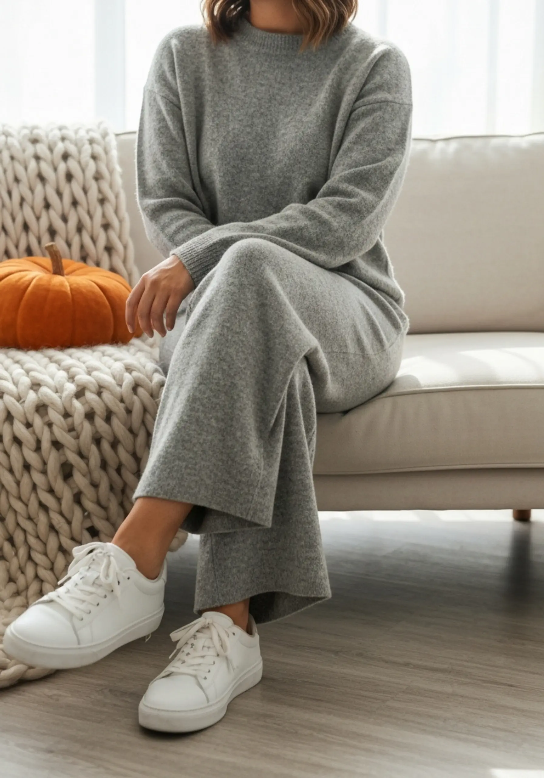 Stylish leg white comfortably woman with knit sitting gray a wide on p wearing couch set clean image pants 5 paired sneakers