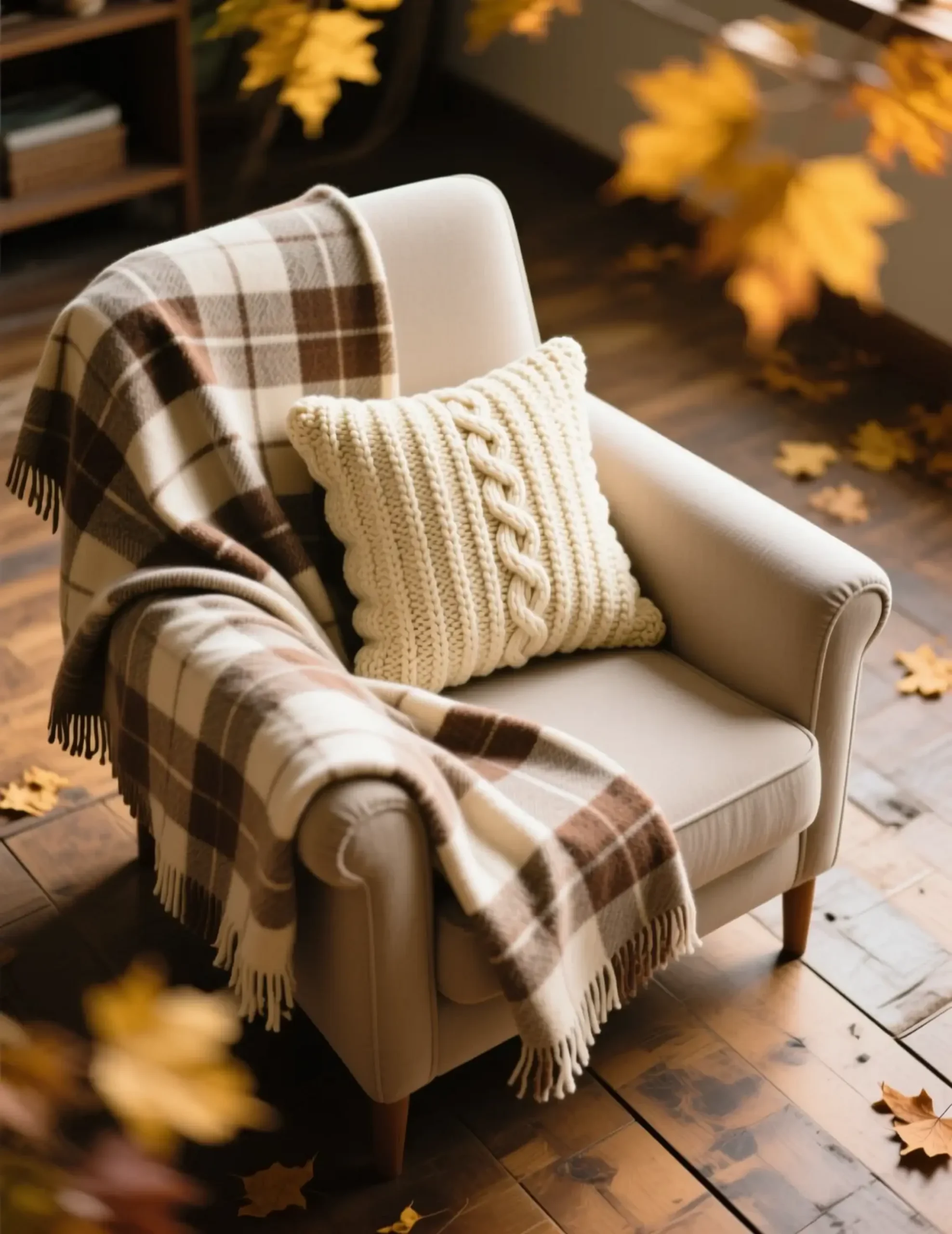"10 Easy Ways to Transition Your Fall Decor to Thanksgiving (In 1 Hour)" 5 Cozy knit with a p neutral draped armchair and cream it pillow over image throw blanket 5 plaid colored