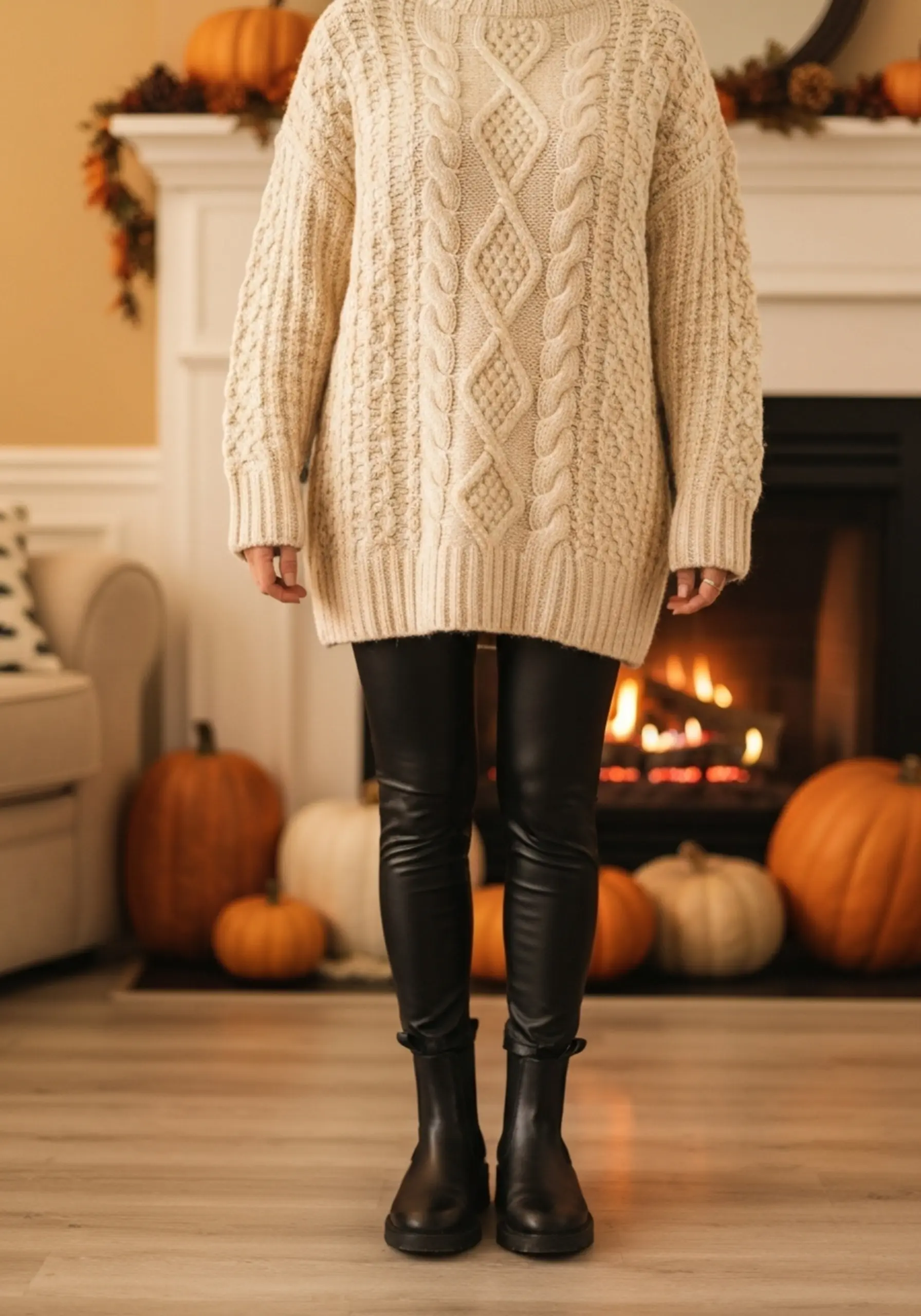 Cozy finished black sweater boots outfit knit with a leggings sleek p cream an over cable oversized leather image faux chelsea 5 tunic