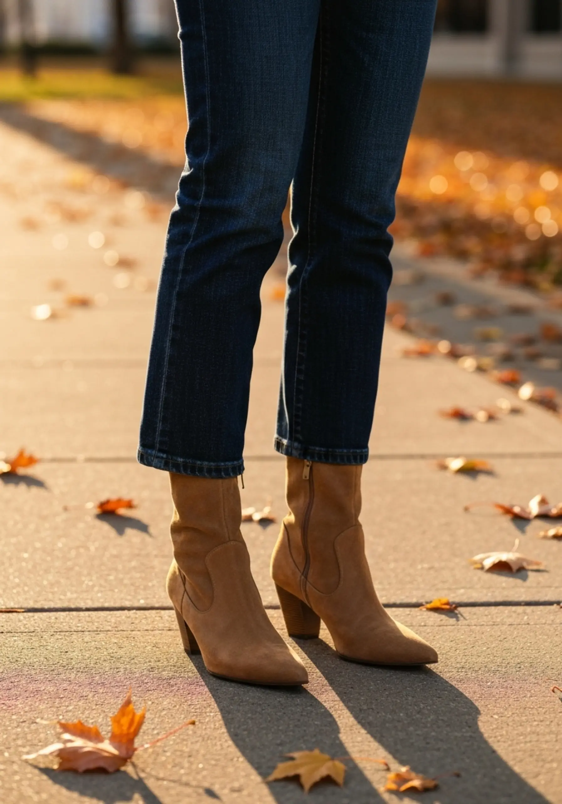 Stylish leg autumn jeans dark boots with showing on a knees p the suede shot beautiful wash down focusing straight image chic tan from sidewalk perfectly heeled 5 toe paired pointed