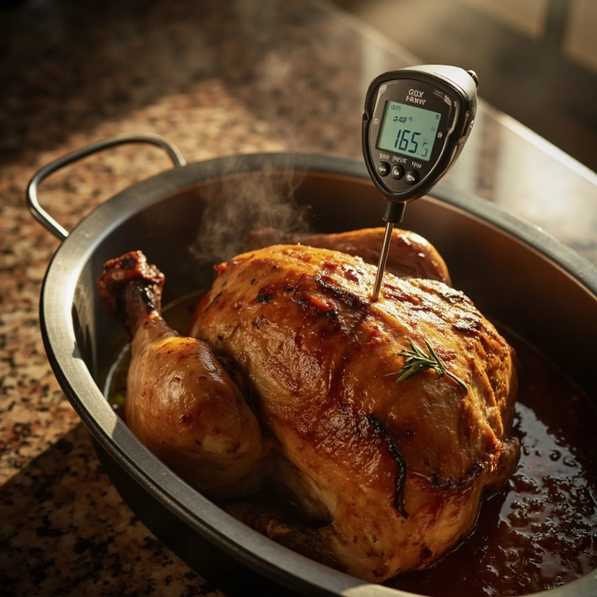 Clearly part 165 displaying f thickest a up of p the shot into close thermometer inserted turkey digital image reading 5 thigh