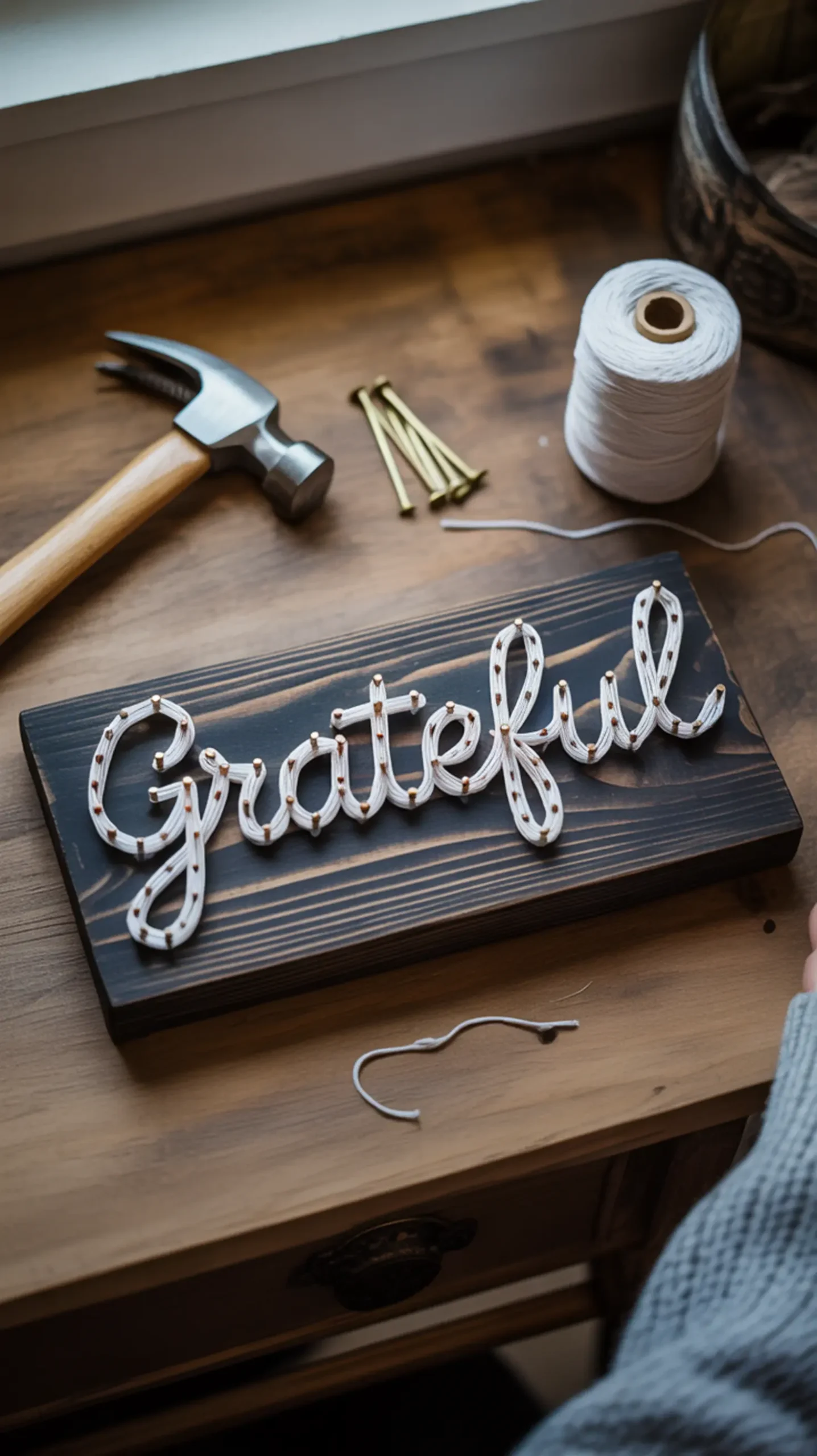 Project white string grateful finished 8220 8221 block dark showing word on a written p the art clean in image stained 5 wood