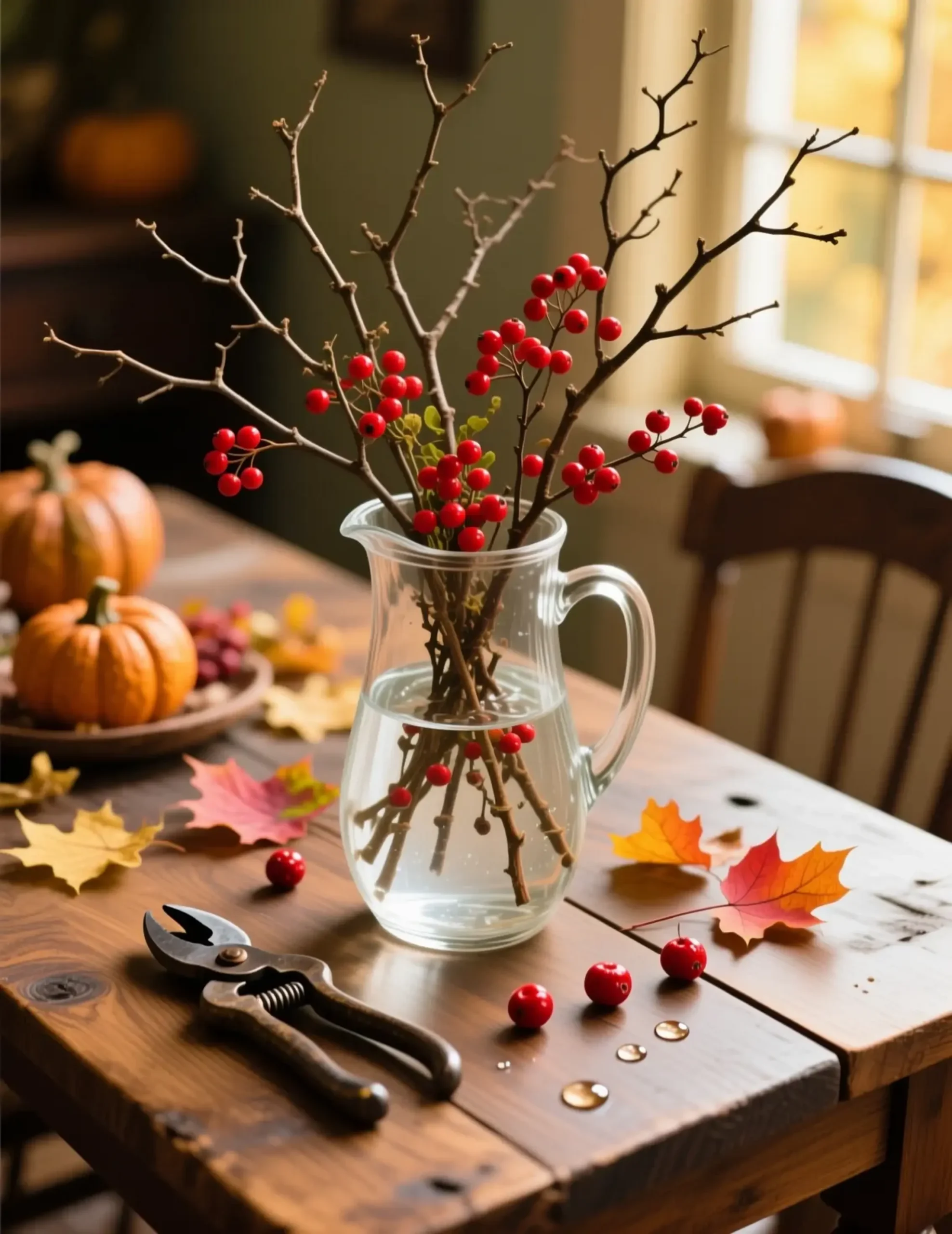 Vibrant against branches pitcher with a stems p neutral tall glass and wall bare clear dramatic image berries holding 5 few red