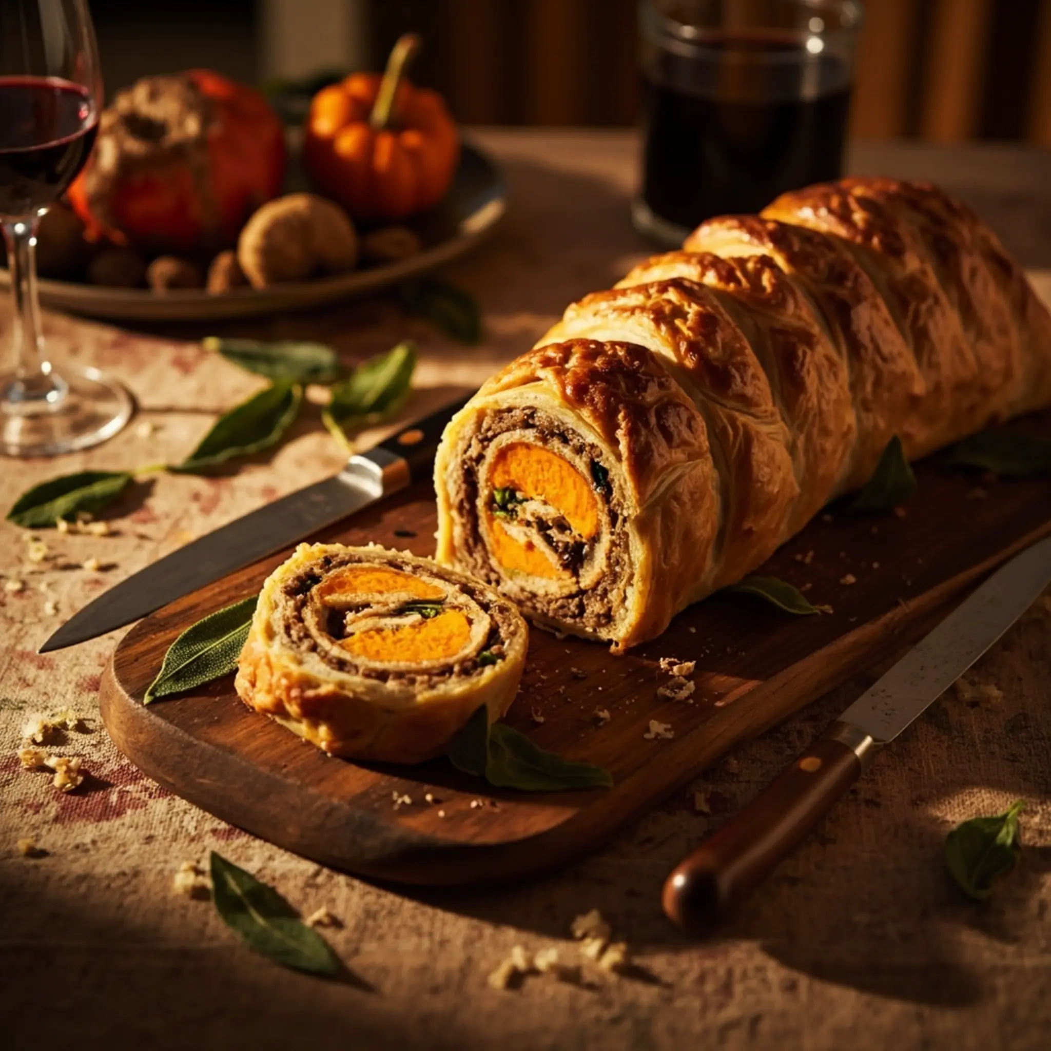 Board perfect brown layers squash dark orange with serving golden on a of p inside the slice wellington and one reveal colorful filling image mushroom cut 5 to