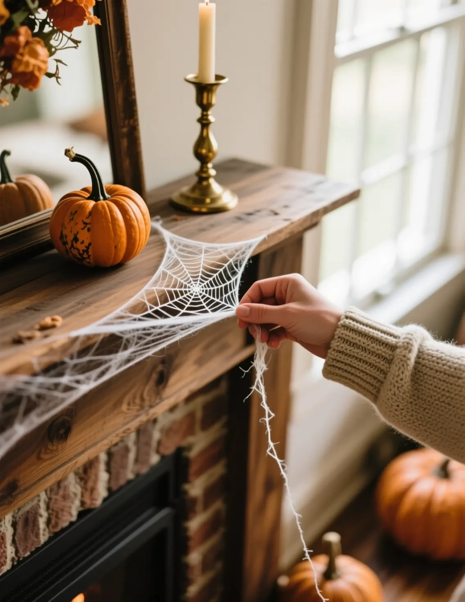 "5 Things to Put Away (And 5 to Add) When Decorating for Thanksgiving" 5 Strand from a hand pulling cobweb mantel fireplace of fake 5 gently p image