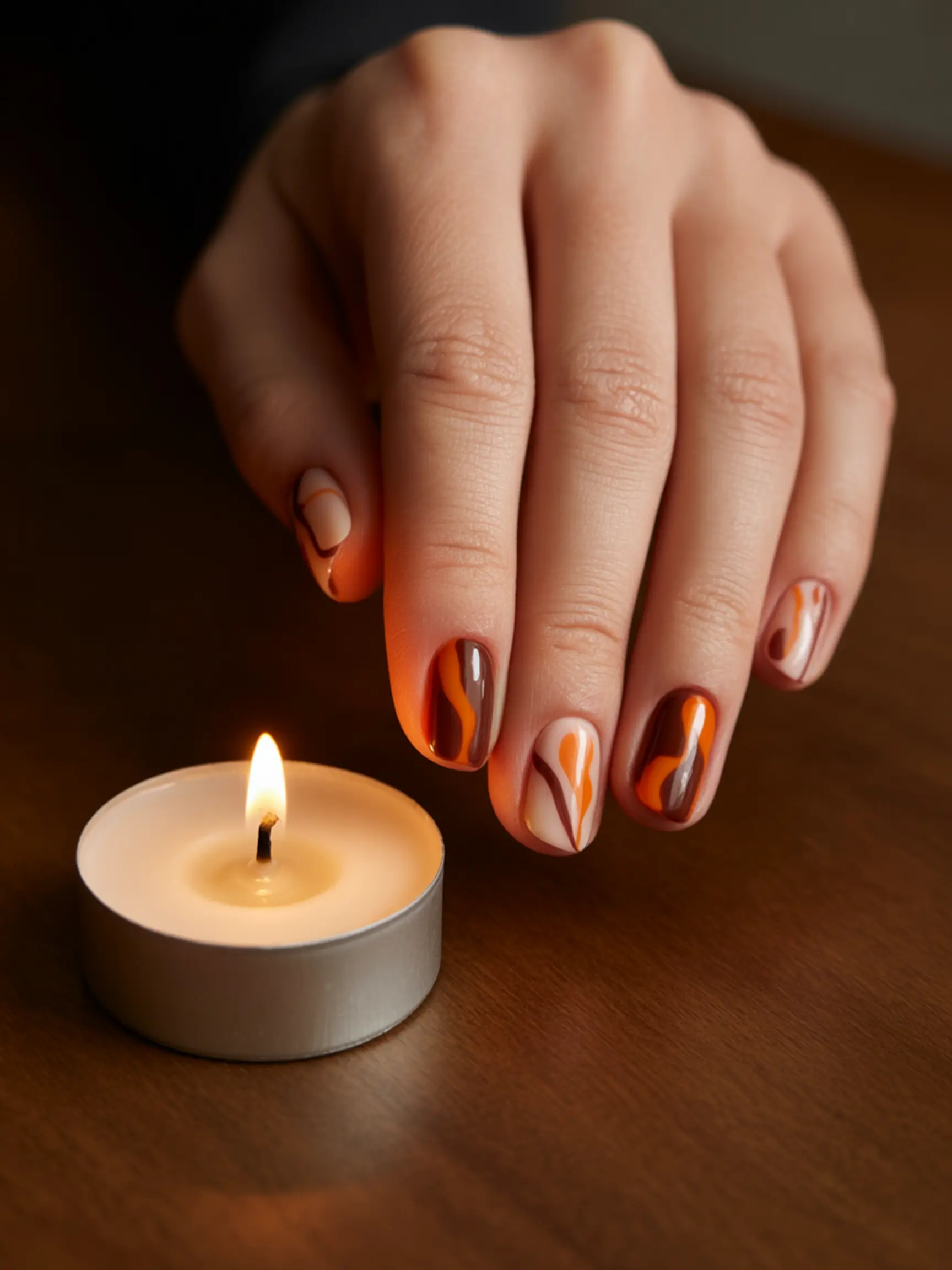 Polish together marbled brown design orange with a of create p dot toothpick simple featuring through shape and an have nail image leaf dragged been 5 to pulled