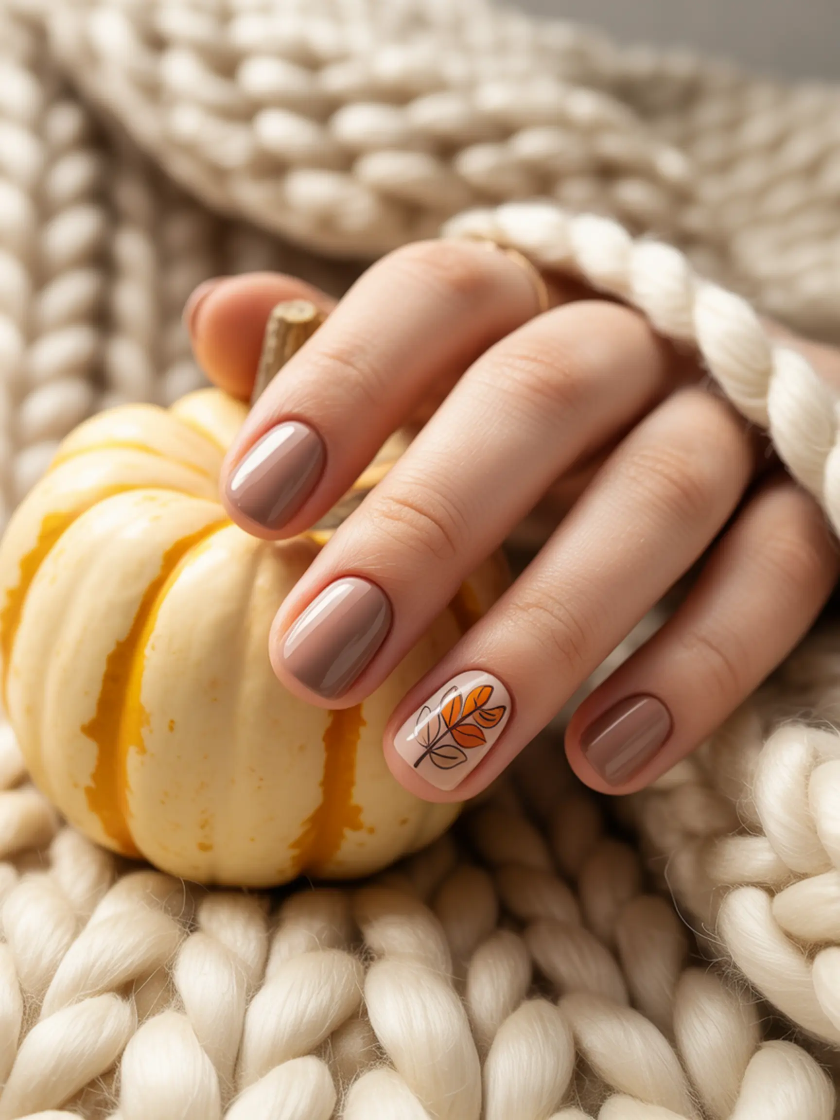 Autumn hand brown warm base delicate with orange on a of p simple the solid and an in nails four color image ring outline leaf same 5 finger taupe has painted