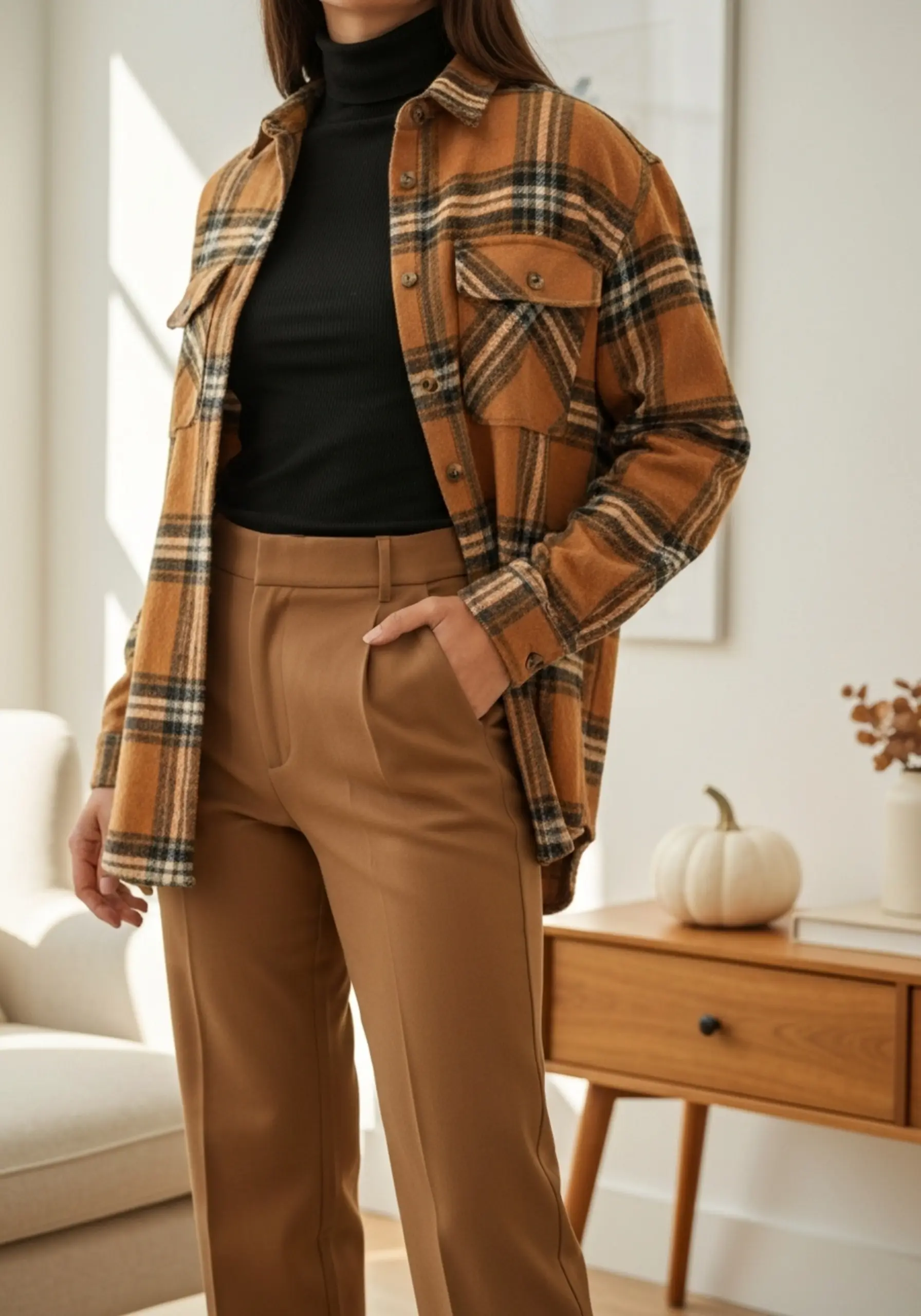 Stylish leg woman black looking minimalist trousers a shirt p wearing turtleneck flannel and an over open straight image chic fitted 5