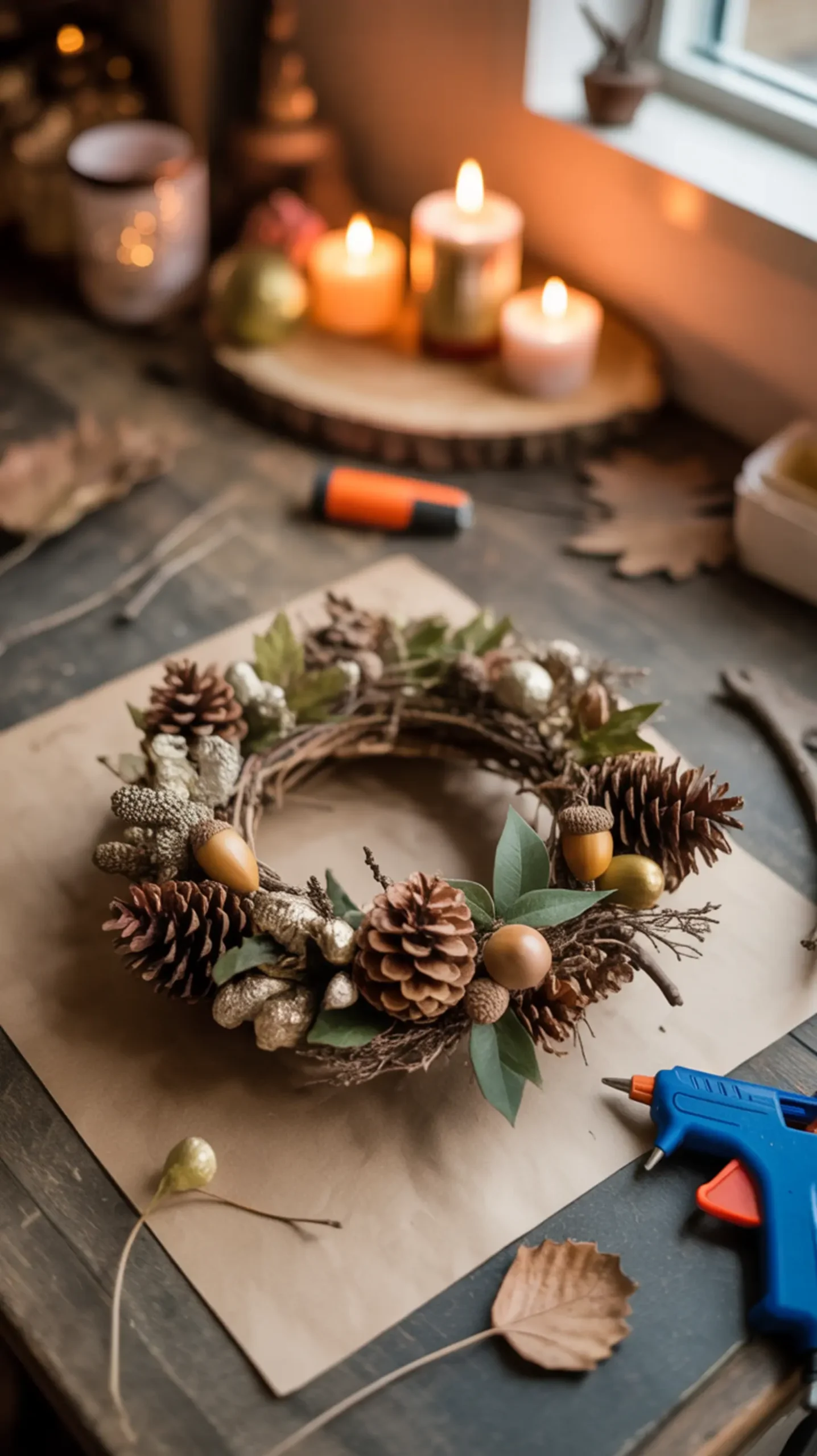 Baked door front caps leaves variety wreath with adorned on a of p natural thanksgiving small and items acorn beautiful image rustic pinecones metallic glycerin twigs hanging 5 preserved