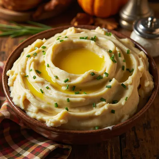 Mashed melted chives with serving on a of p potatoes butter and swirled image large bowl top 5 pooled garnished