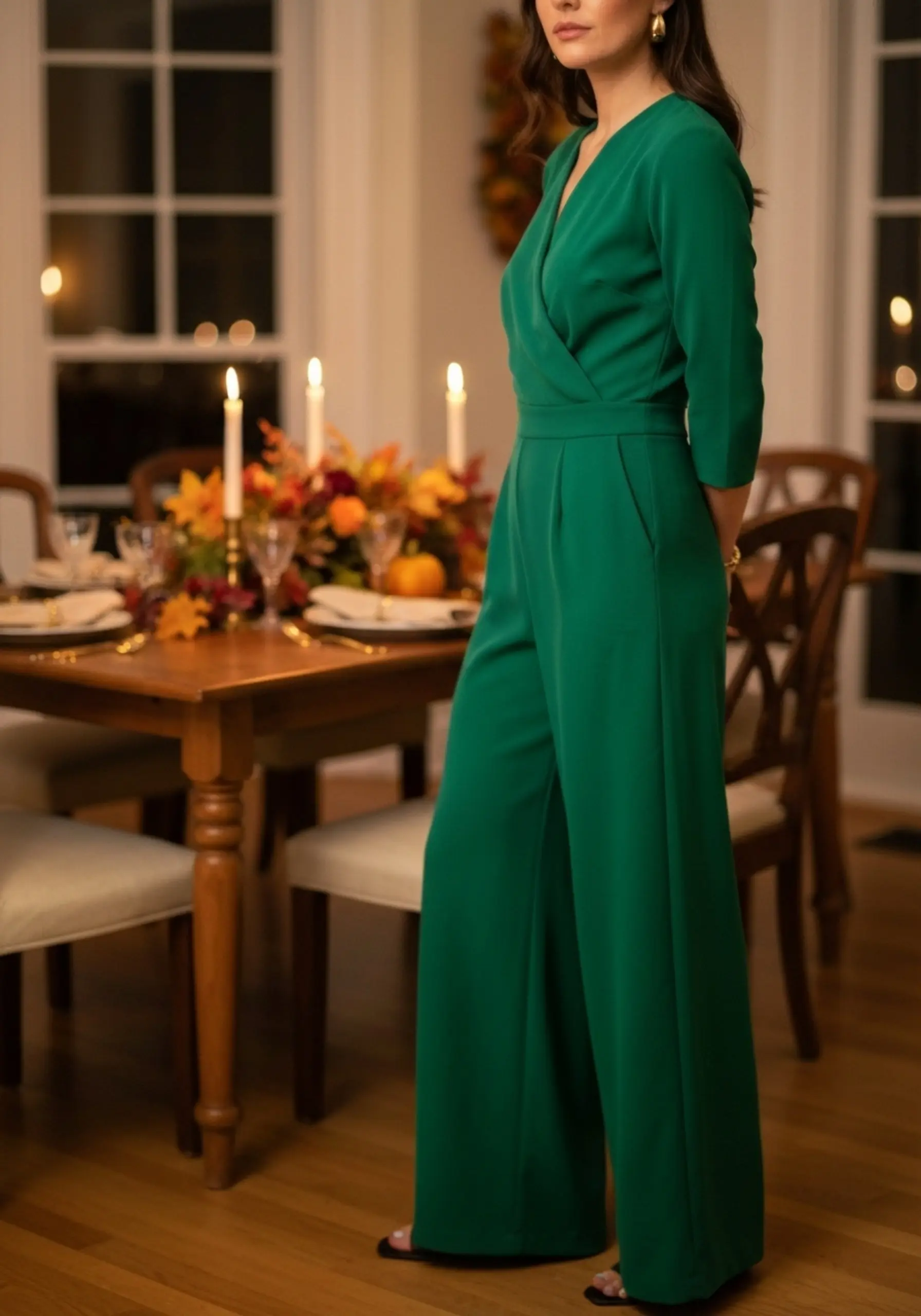 Leg woman accessorized with smiling confidently wide a jumpsuit p gold earrings tailored hoop in color green image rich 5 emerald