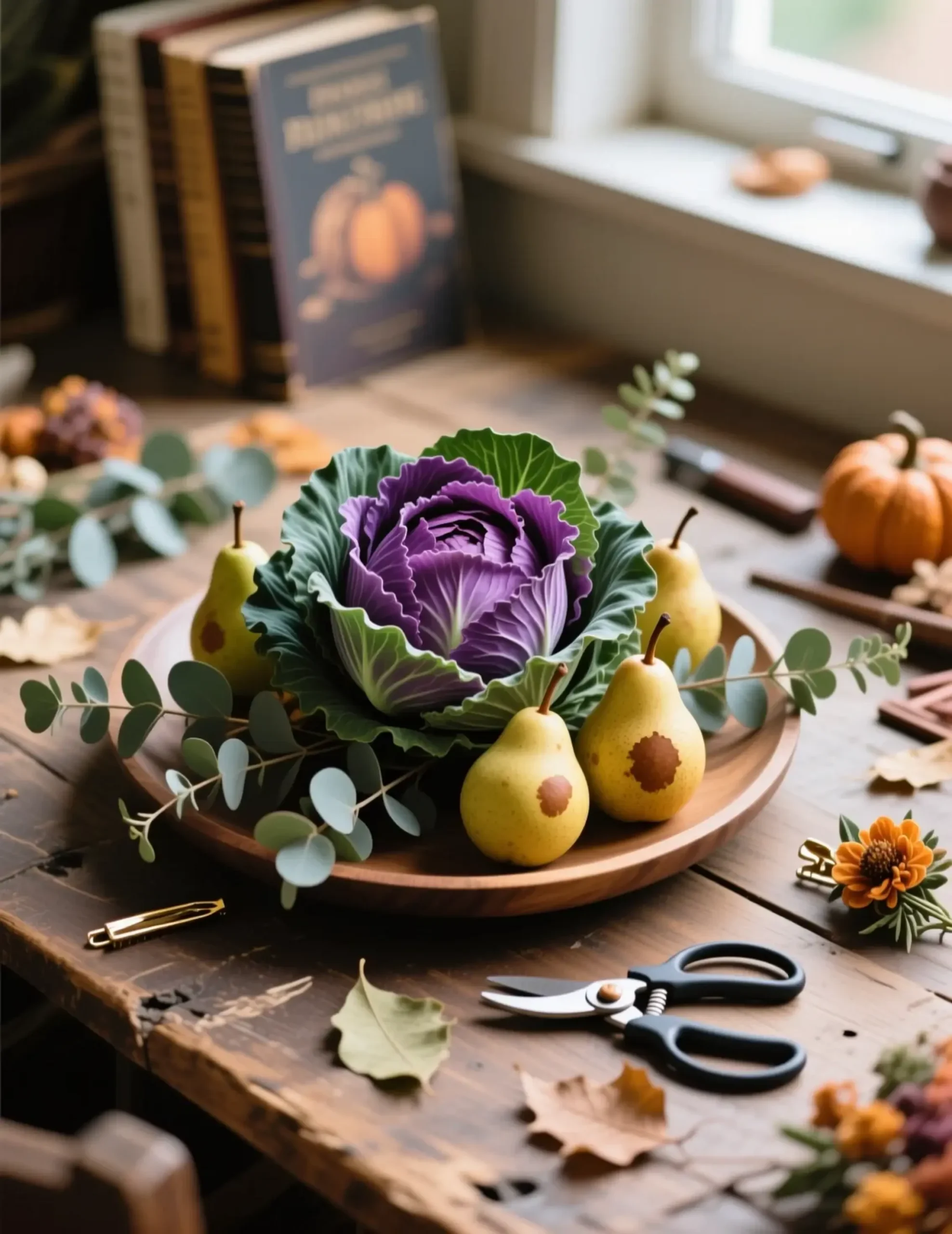 Ruffled eucalyptus purple leaves cabbage bosc by with ornamental on a of p and sprigs beautiful green sits image pears platter wooden 5 elegant surrounded